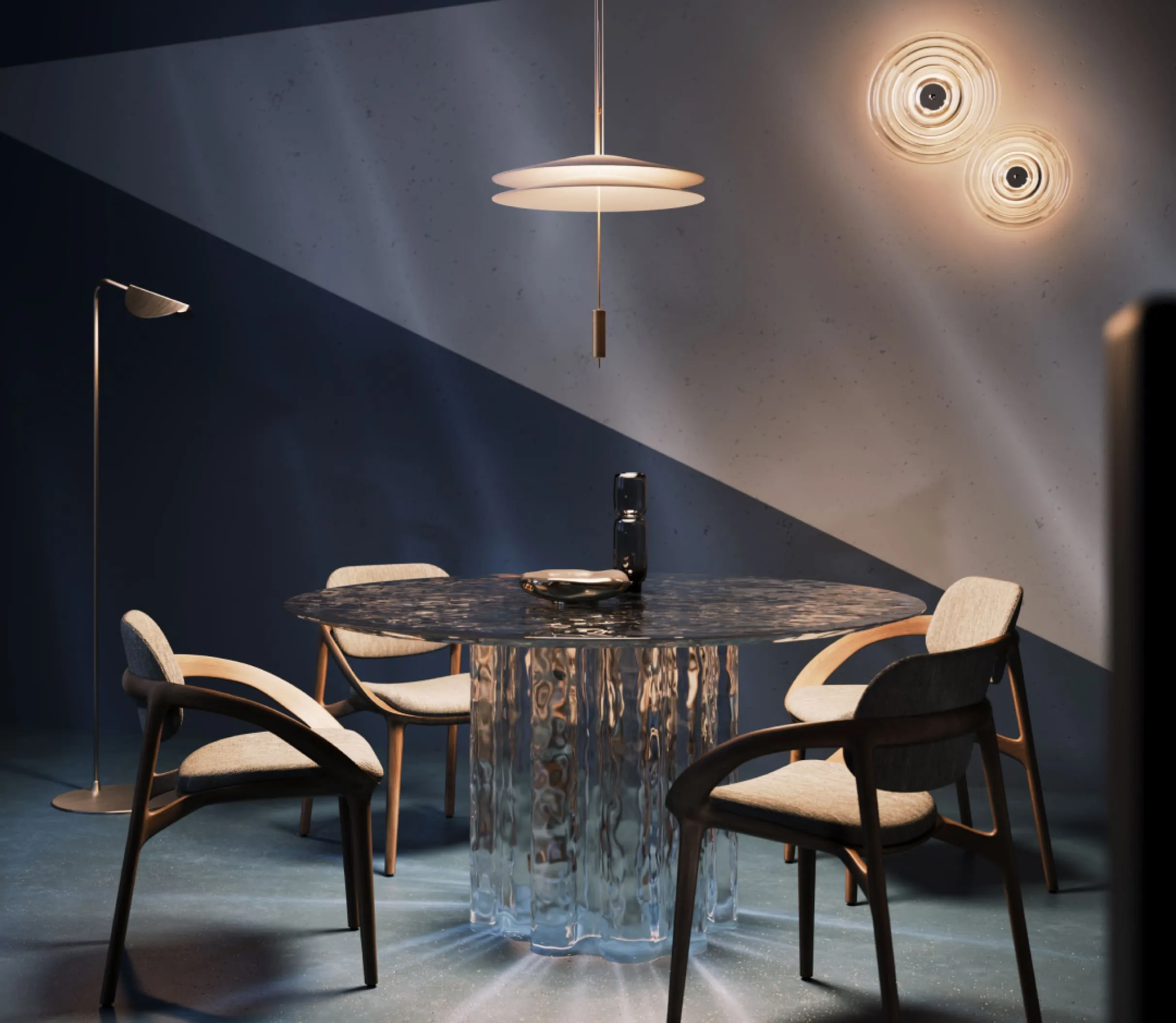 A clean 3D product rendering of a minimalistic outdoor seating set with a cubic architectural backdrop featuring beige stone walls and wooden doors.