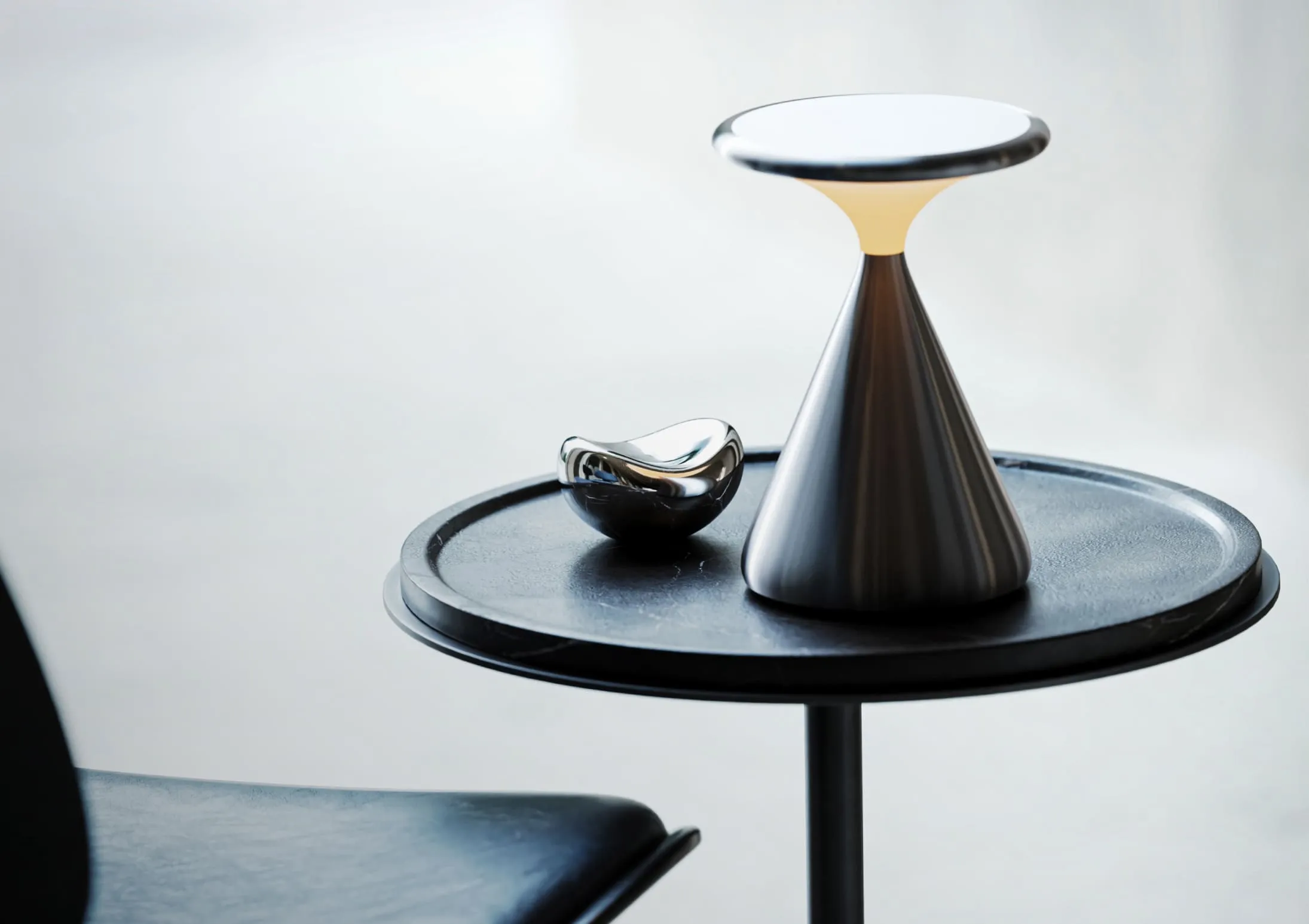 A 3D product rendering showcasing a sculptural green sofa with a curved design, paired with a unique wooden coffee table and artistic wall decor in a refined living room.