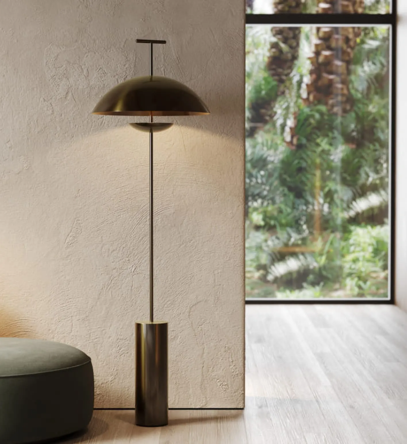 A warm 3D product rendering of a metallic wall sconce emitting a golden glow, mounted on a rugged rock surface.