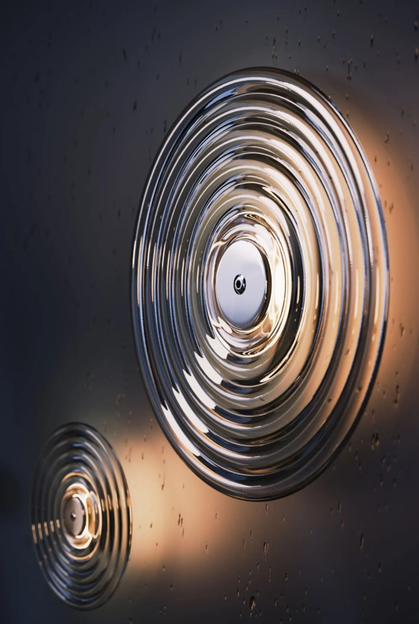 A 3D product rendering of a cozy outdoor seating set with gray cushions and a minimalist coffee table, surrounded by natural elements like rocks and greenery.