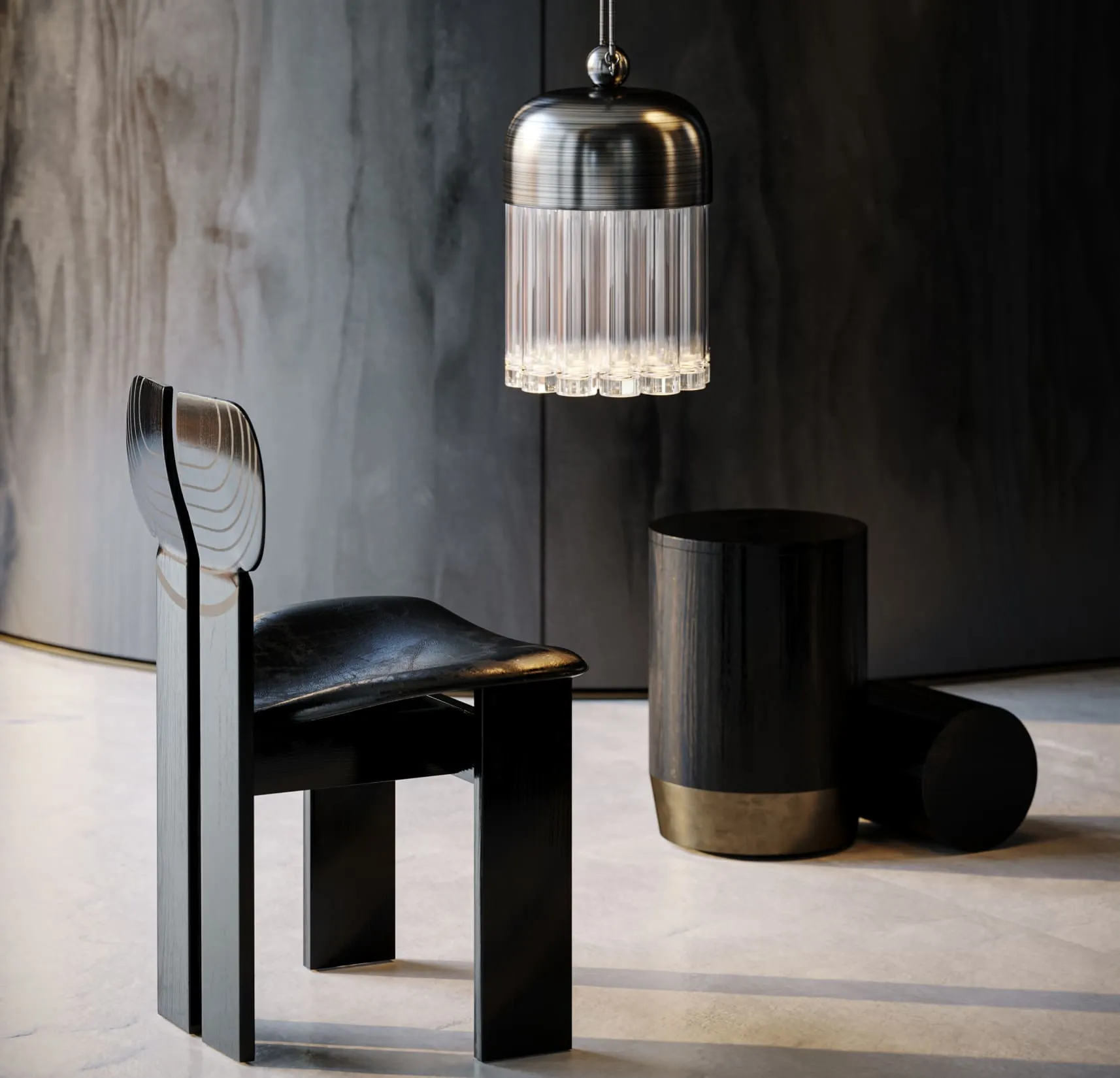 A 3D product rendering of a sectional gray outdoor sofa accompanied by a contemporary coffee table, set on a paved patio with geometric accents.