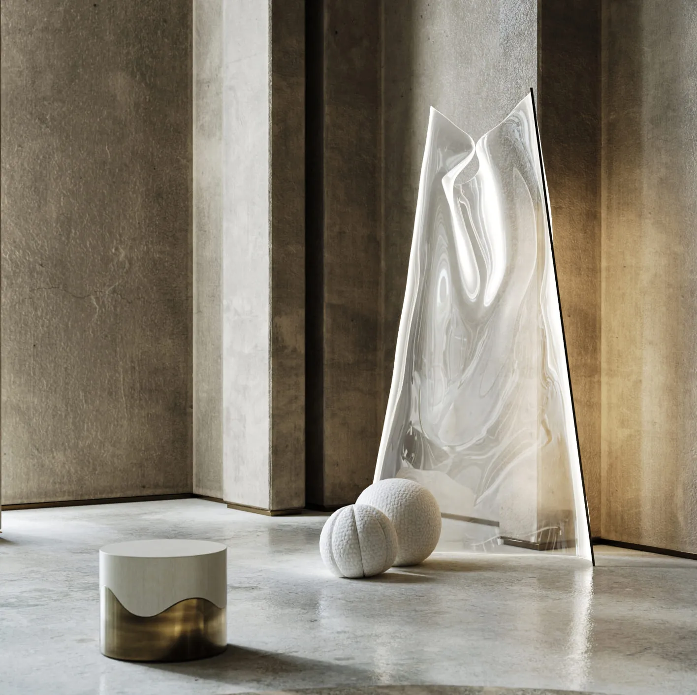 A contemporary floor lamp with a sleek golden dome shade standing in a bright interior near a large window overlooking lush greenery, seamlessly depicted in a 3D product rendering.