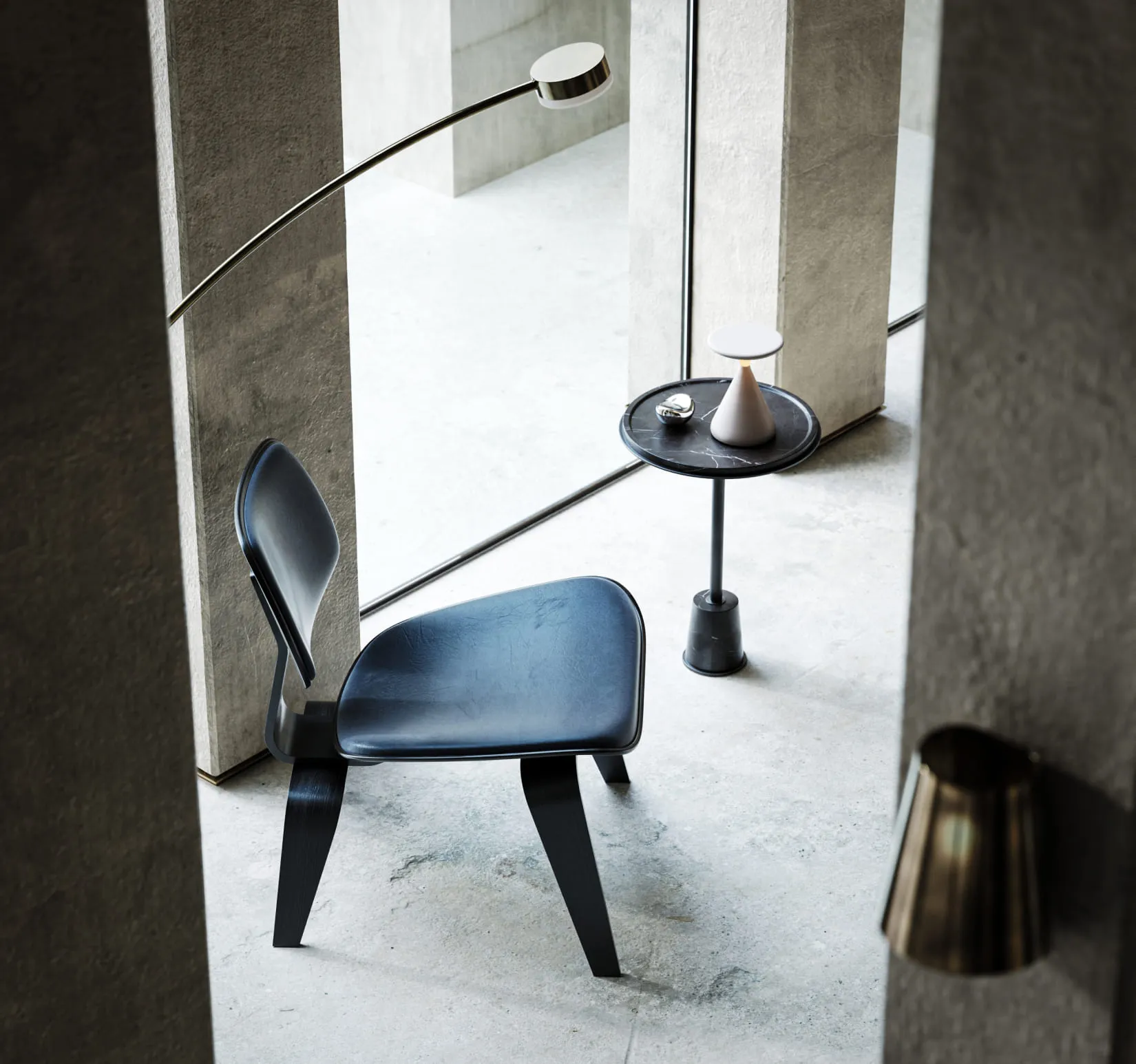 A rustic coffee table adorned with a spherical glass lamp and earthy ceramic bowls, complemented by a textured rug, skillfully designed as a 3D product rendering.