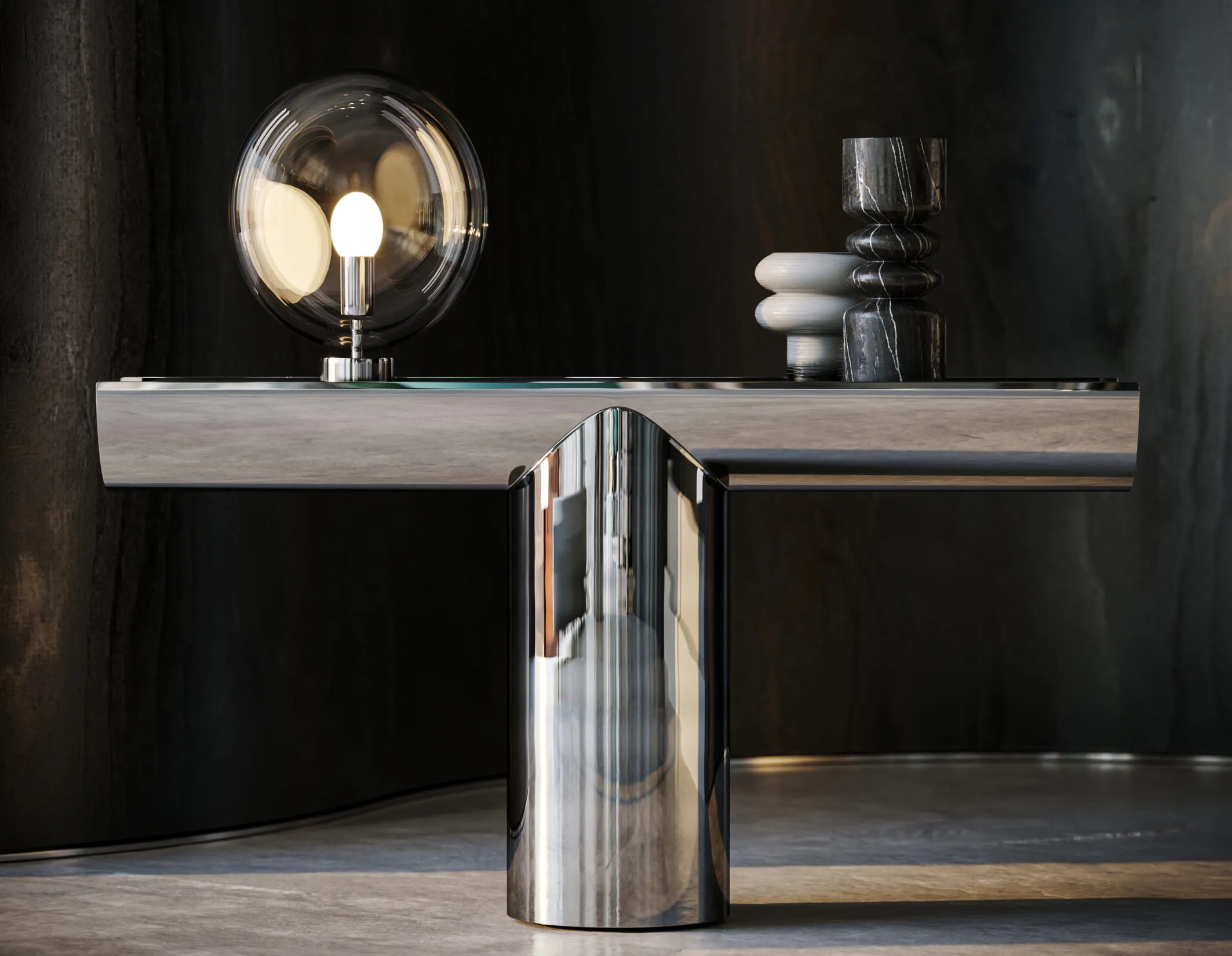 A serene 3D product rendering of a modular outdoor seating arrangement positioned on a beige patio, overlooking a tranquil waterfront.