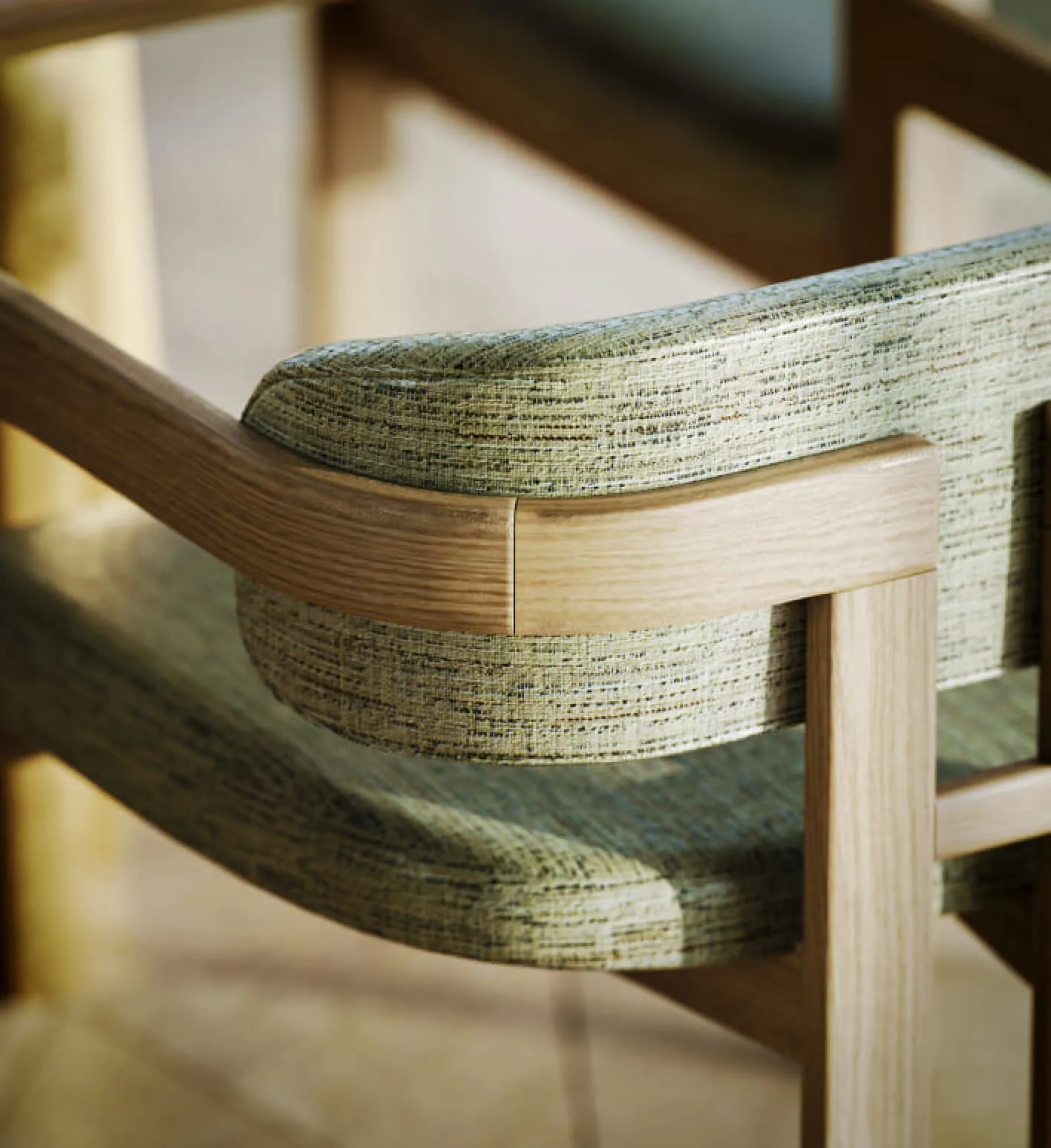 A cozy corner with a beige chair and a round table, accompanied by a vibrant green potted plant and textured striped wallpaper, captured through a realistic 3D product rendering.