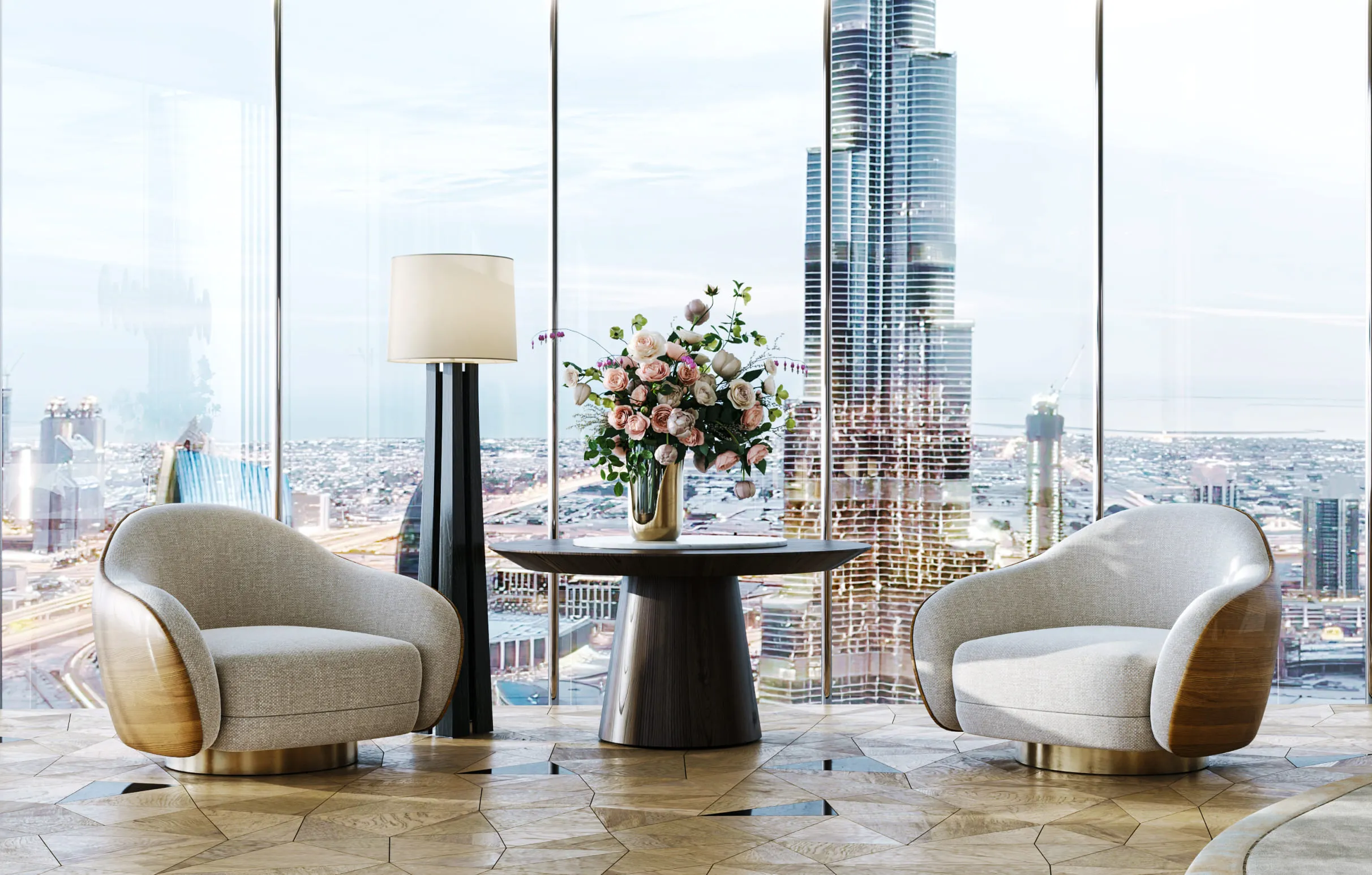 A sophisticated living room design featuring a gray sectional sofa, a wooden accent wall with sculptural art, and large glass windows, crafted as a stunning 3D product rendering.