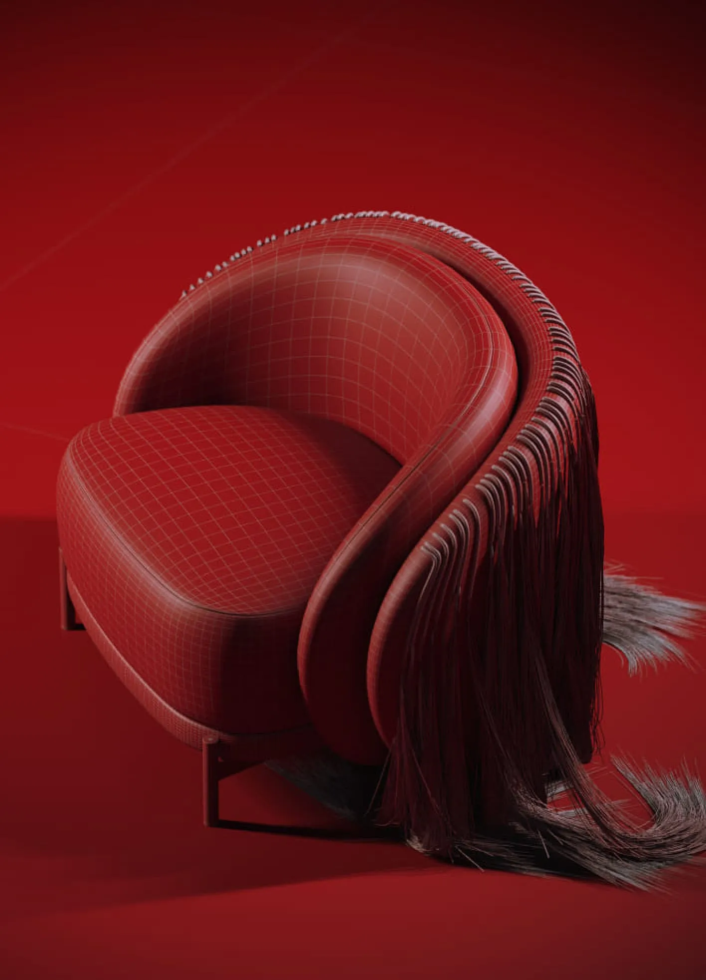 A red designer chair with a curved backrest and fringe detail, presented in a wireframe overlay — showcasing advanced furniture visualization by Product 3D Modeling Services.