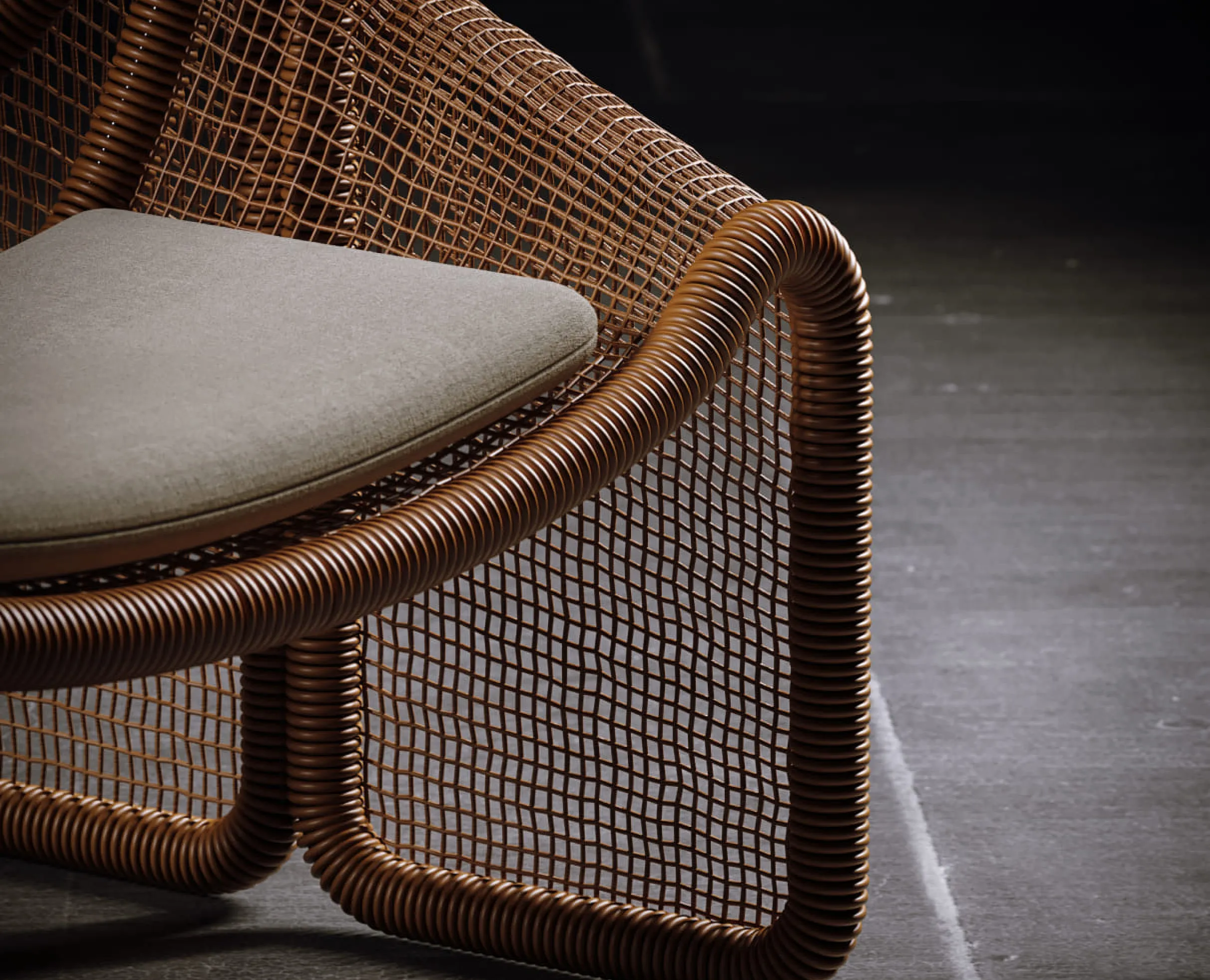 The same mesh chair rendered in a realistic setting with fabric seat — showing the transition from 3D model to photoreal product using Product 3D Modeling Services.