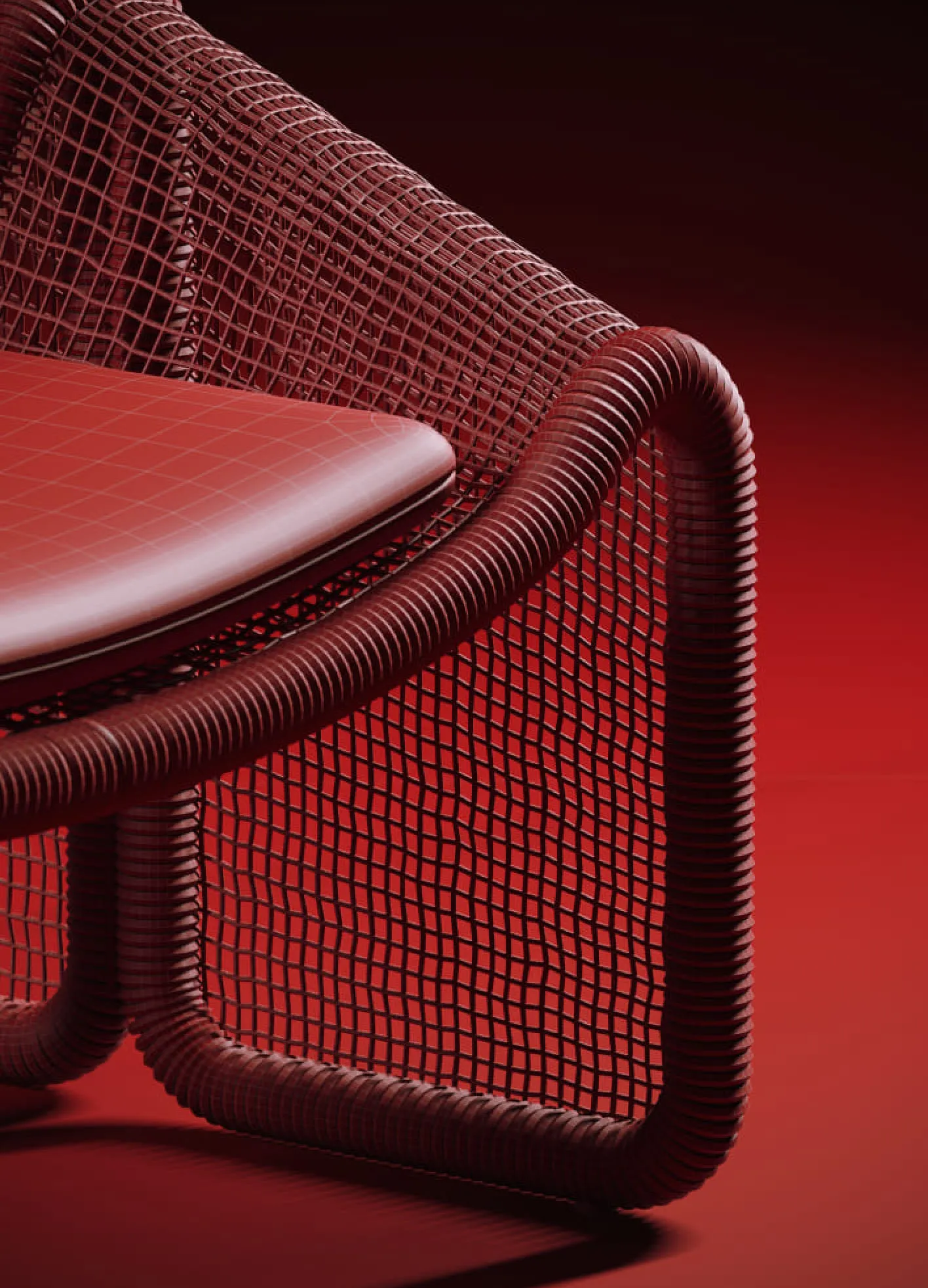Detailed view of a red wireframe mesh chair with tubular frame — an example of precise furniture modeling via Product 3D Modeling Services.