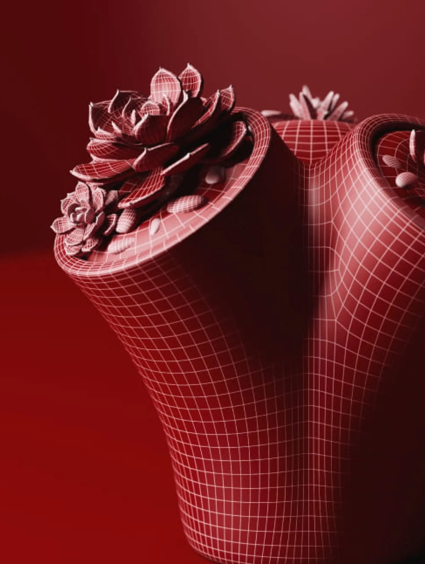 A red wireframe 3D model of a dual-compartment planter with stylized succulents — created by Product 3D Modeling Services to visualize complex organic and product forms.
