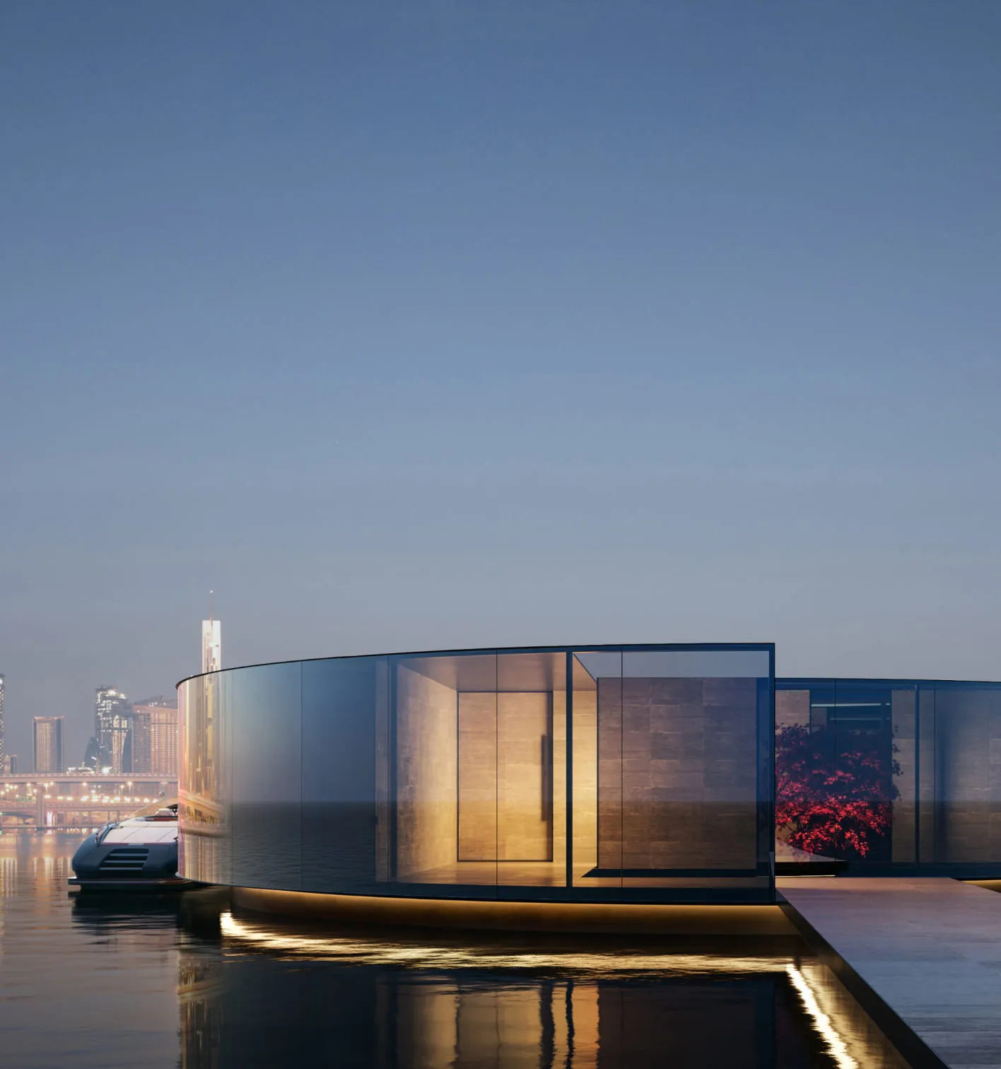 A 3D house rendering of a sleek, modern waterfront house with a curved glass exterior, warm interior lighting, and a luxurious dock area under twilight.