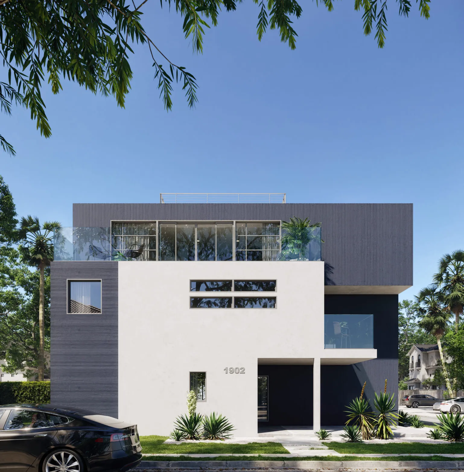 A 3D house rendering of a sleek modern home with dark gray and white facades, a rooftop garden, and a manicured driveway with a parked luxury car.