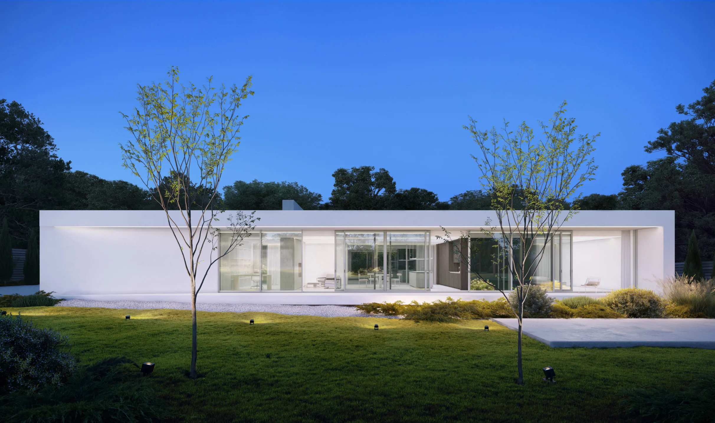 A 3D house rendering of a contemporary white rectangular house with floor-to-ceiling glass walls, a manicured lawn, and evening lighting highlighting its clean design.