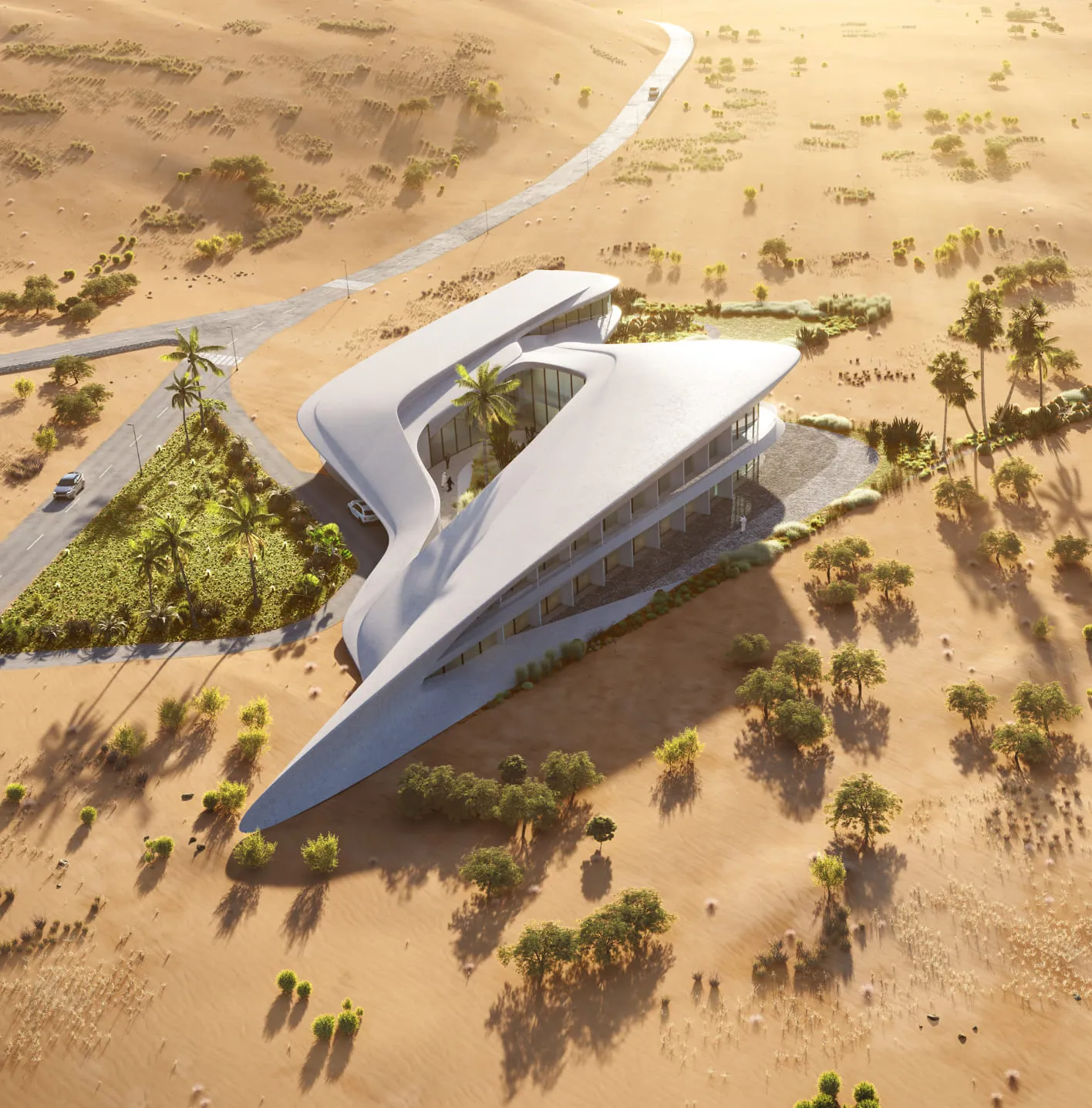 A 3D house rendering of a futuristic desert villa with a sweeping, organic roofline, surrounded by sparse vegetation and sand dunes under golden sunlight.