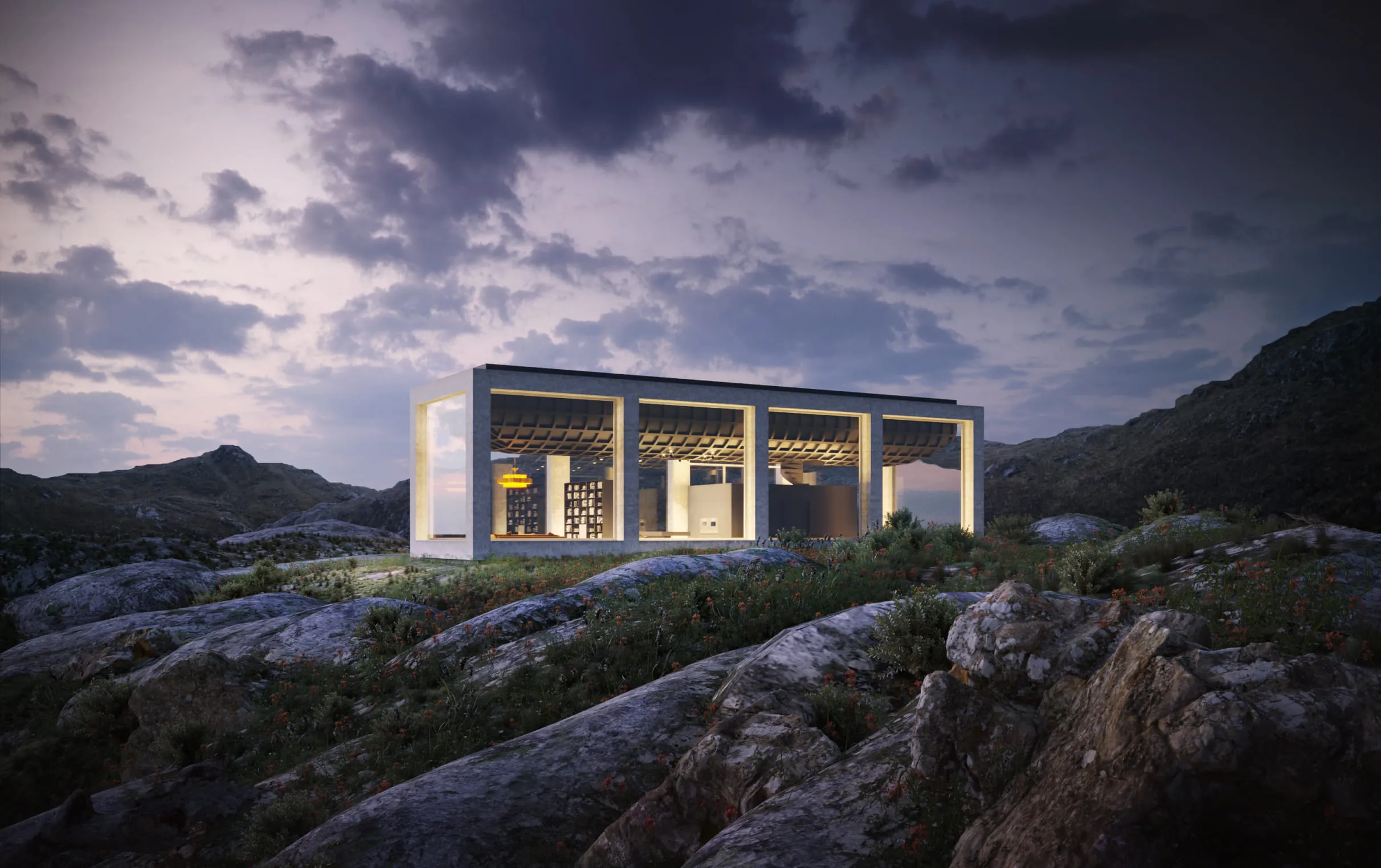 A 3D house rendering of an open-concept concrete and glass house in a rocky mountain setting, with an illuminated interior and dramatic cloudy skies.