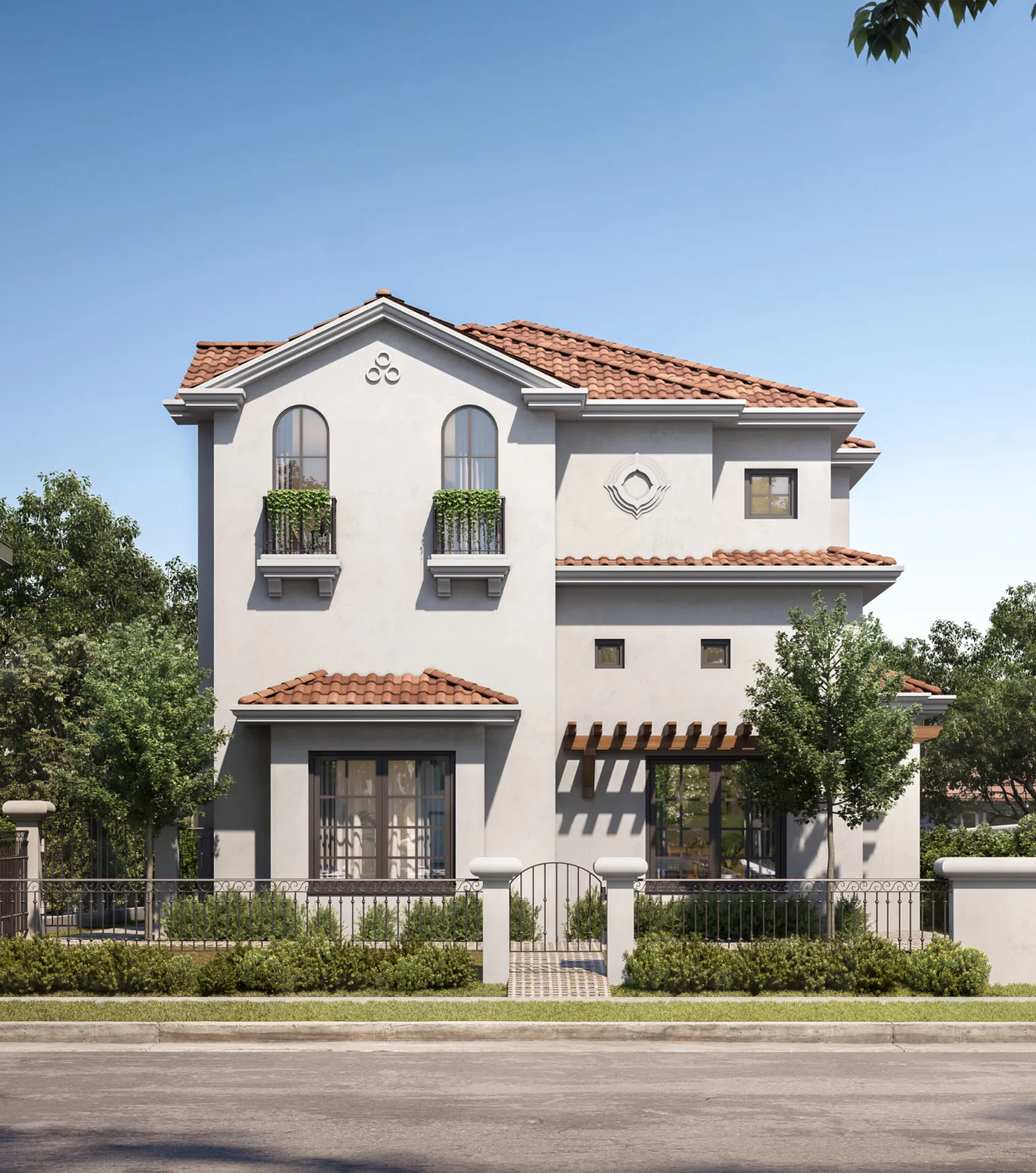 A 3D house rendering of a Mediterranean-style home with white stucco walls, red tile roofing, arched windows, and a charming front yard enclosed by a wrought iron fence.