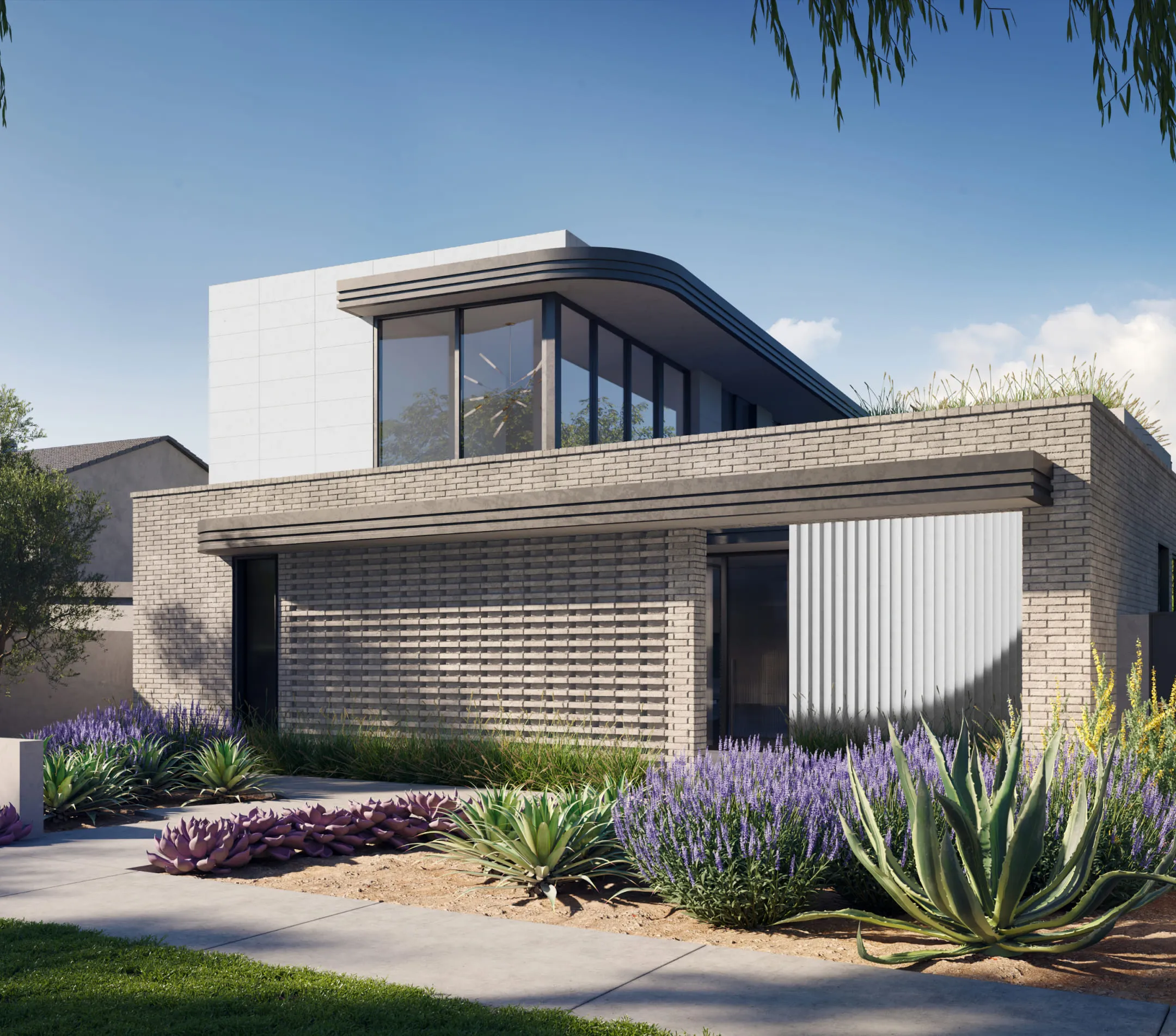A 3D house rendering of a modern brick home with large glass windows, a landscaped front yard featuring succulents and lavender under a bright blue sky.