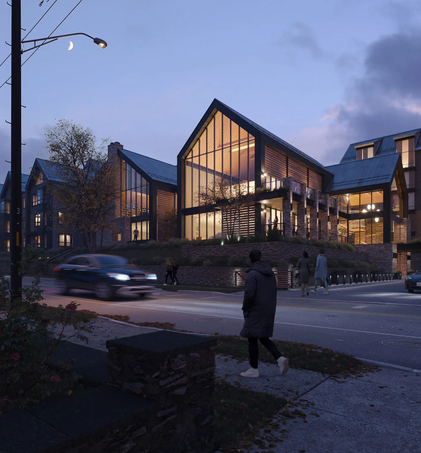 A 3D house rendering of a rustic modern lodge with large glass walls, pitched roofs, and warm interior lighting, situated in a suburban environment during dusk.