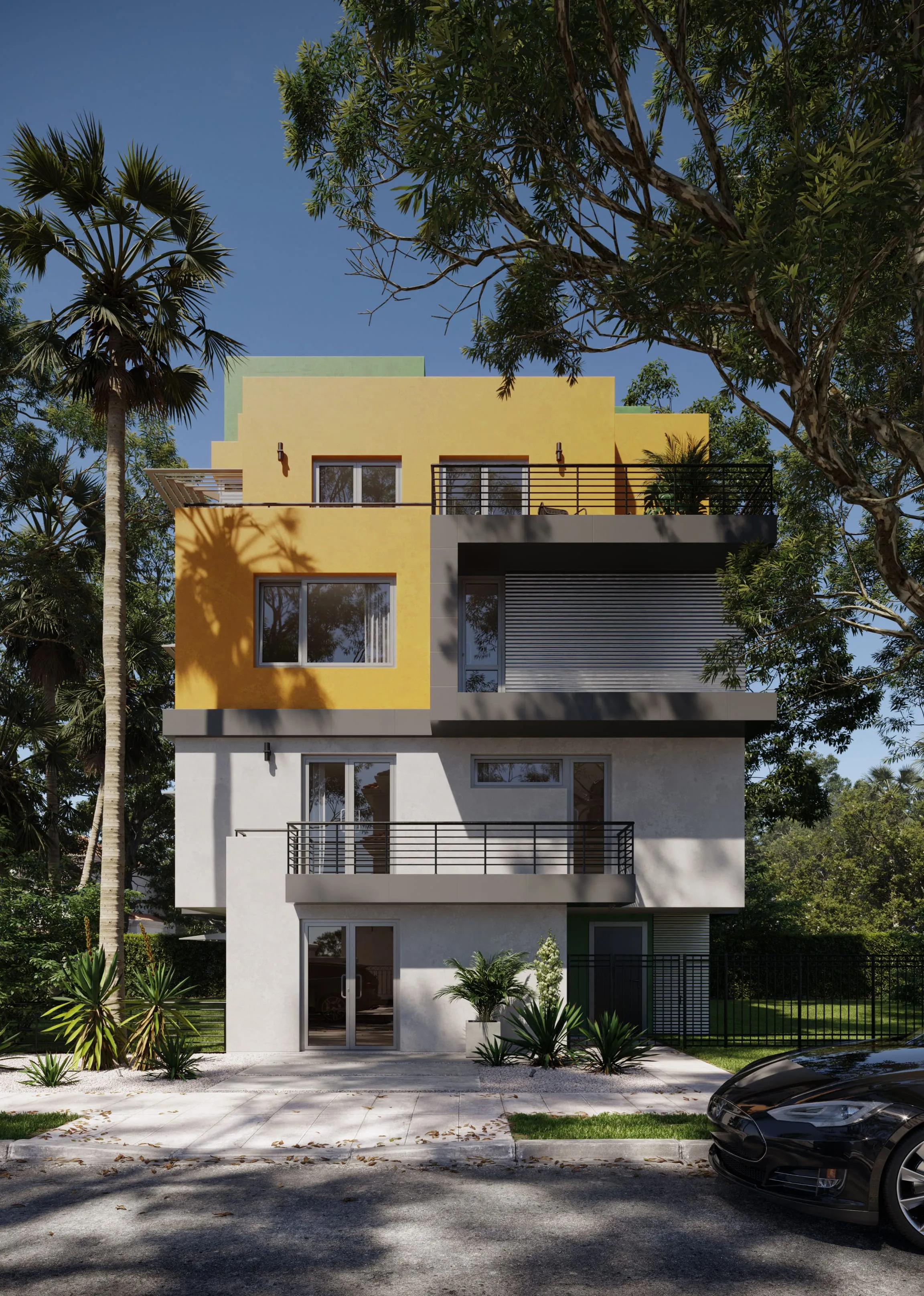 A 3D house rendering of a vibrant yellow and gray multi-story home, featuring balconies, modern landscaping, and surrounded by lush trees under a sunny sky.
