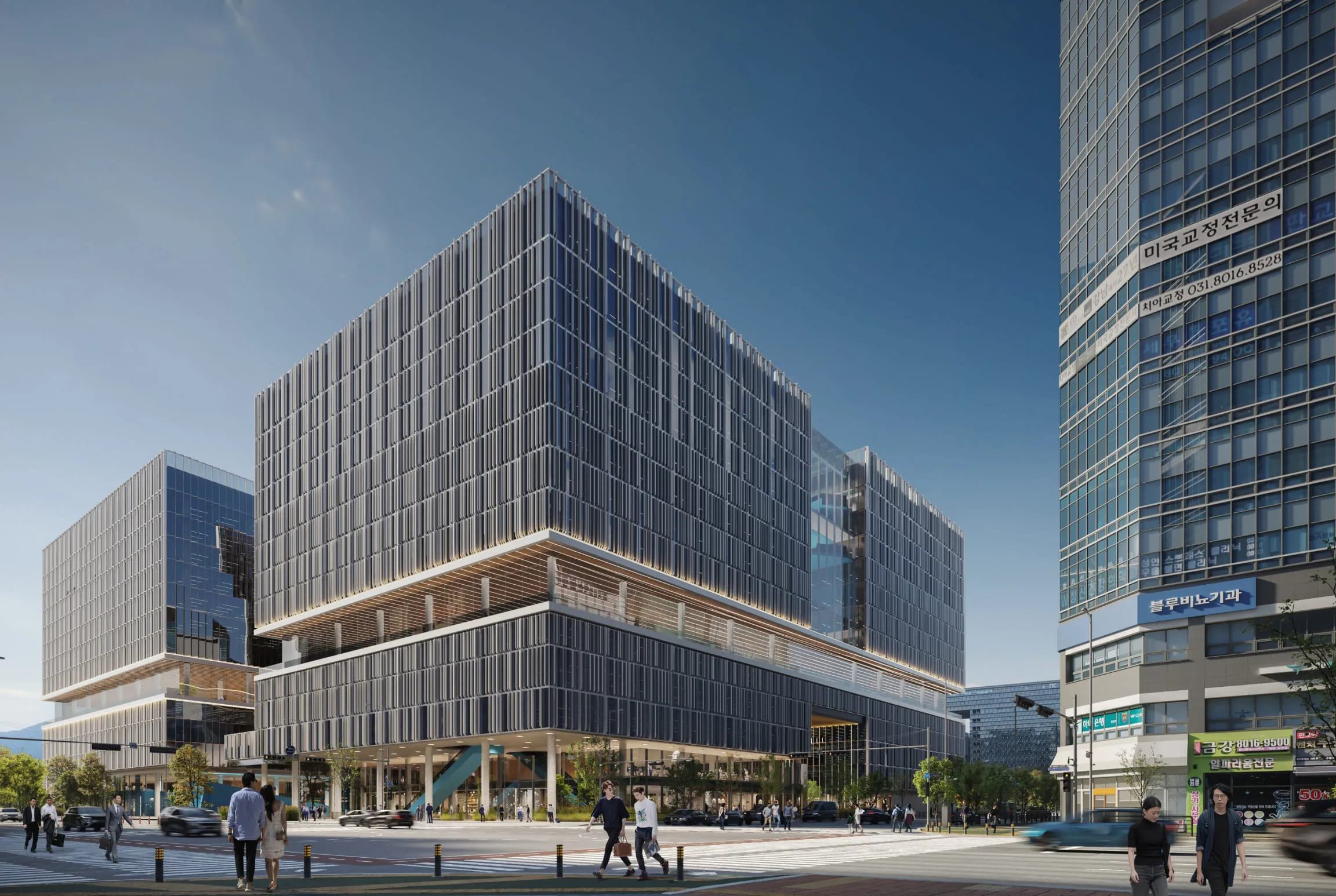 A commercial architectural 3D rendering of a modern office complex with a sleek glass facade, illuminated accents, and pedestrian-friendly sidewalks under a clear blue sky.