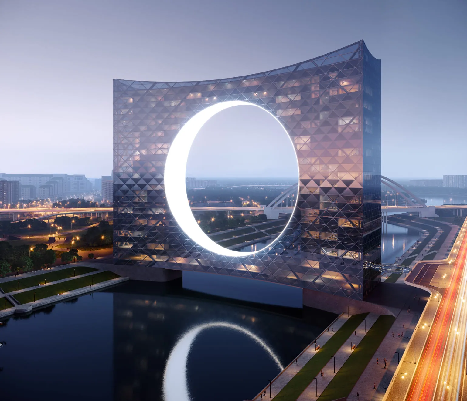 A commercial architectural 3D rendering of a futuristic high-rise building with a circular cut-out design, reflecting on a tranquil waterbody, surrounded by a cityscape illuminated in twilight.