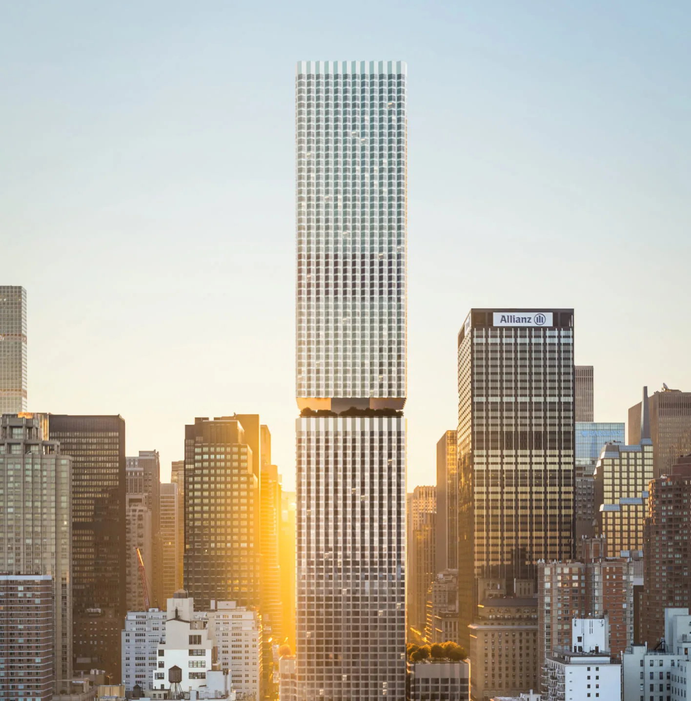 3D aerial view rendering of a skyscraper with a unique segmented design glowing at sunset amidst other high-rise buildings in a dense city.