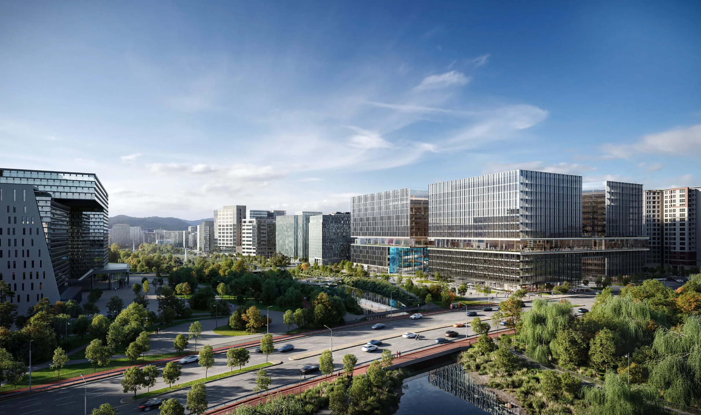 3D aerial view rendering of a modern commercial district with glass-clad buildings, roads, and green spaces in a cityscape under a clear sky.