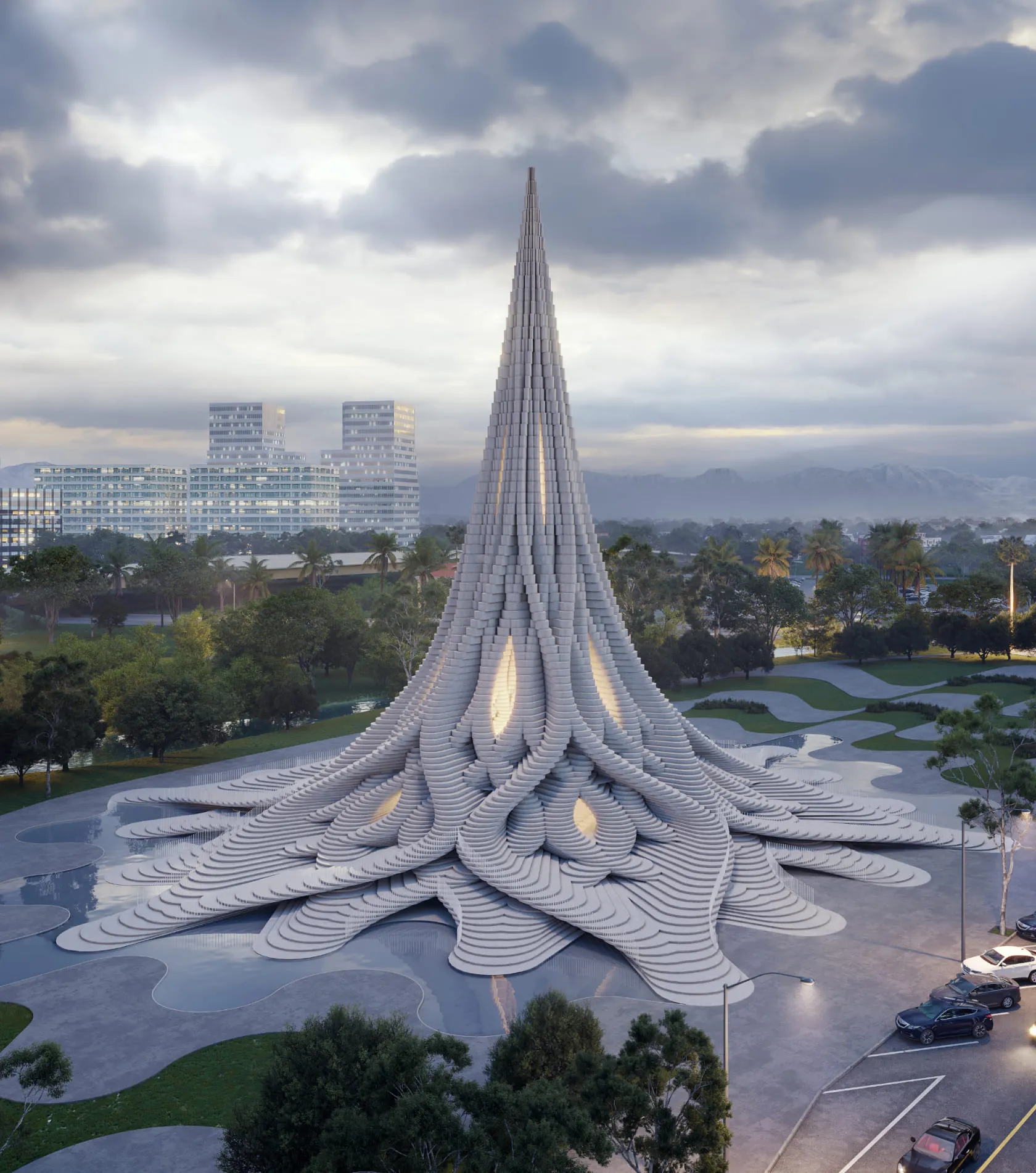 3D aerial view rendering of a futuristic spire-like architectural design with layered structures, surrounded by greenery and cityscapes.
