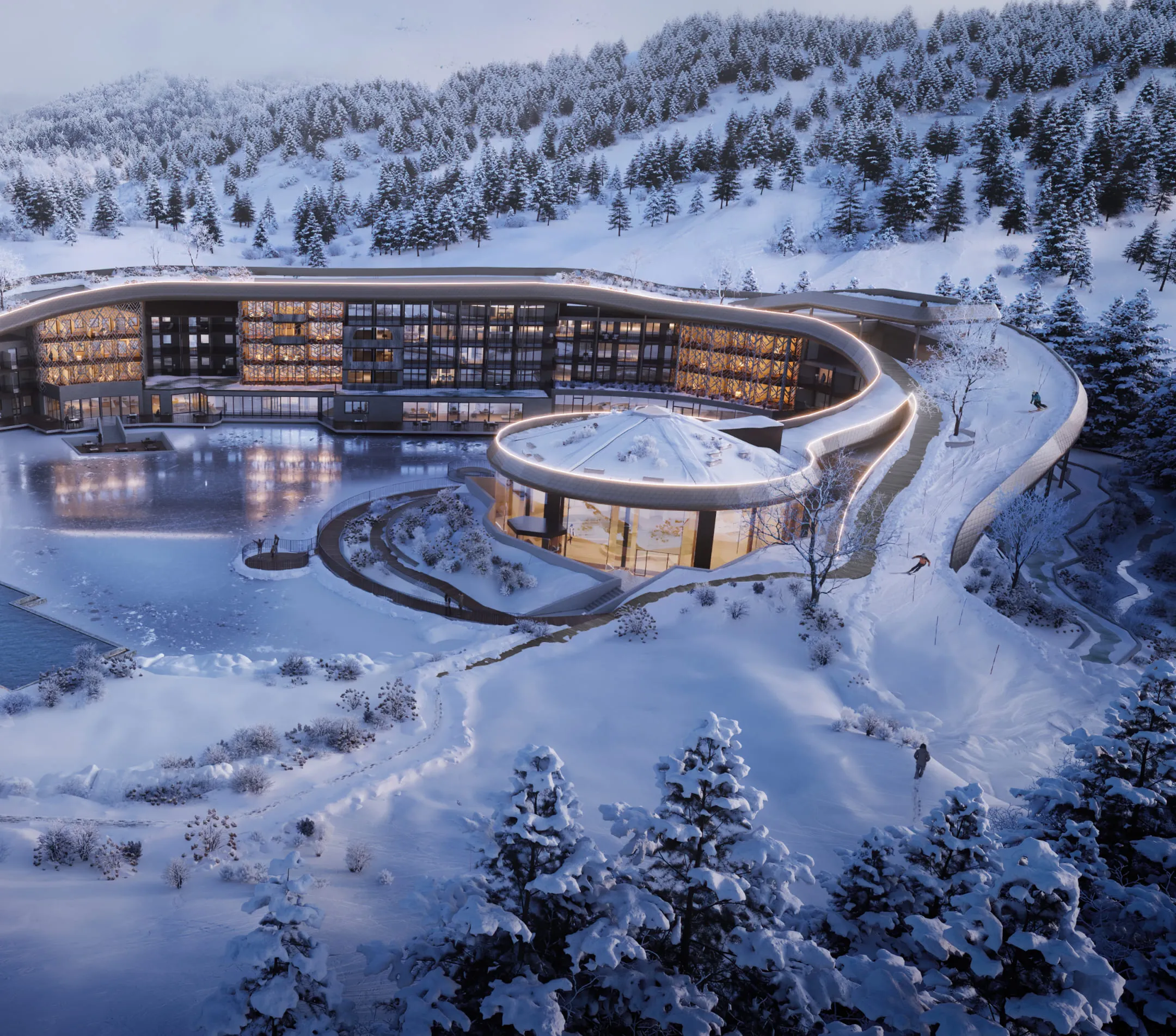 3D aerial view rendering of a snow-covered luxury resort nestled in the mountains, featuring a circular building and illuminated pathways.