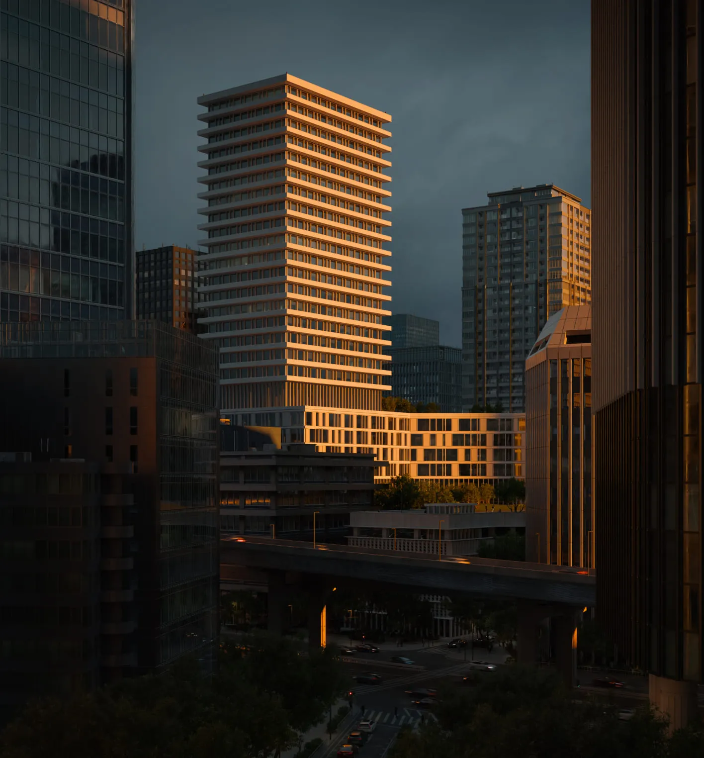 3D aerial view rendering of a cluster of modern glass and steel buildings illuminated at night with urban surroundings.