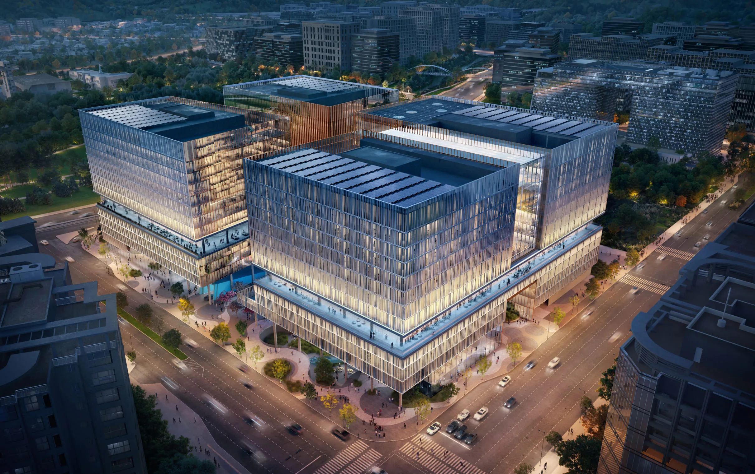 3D aerial view rendering of a picturesque riverside city view with a bridge connecting lush green parks to an urban area.