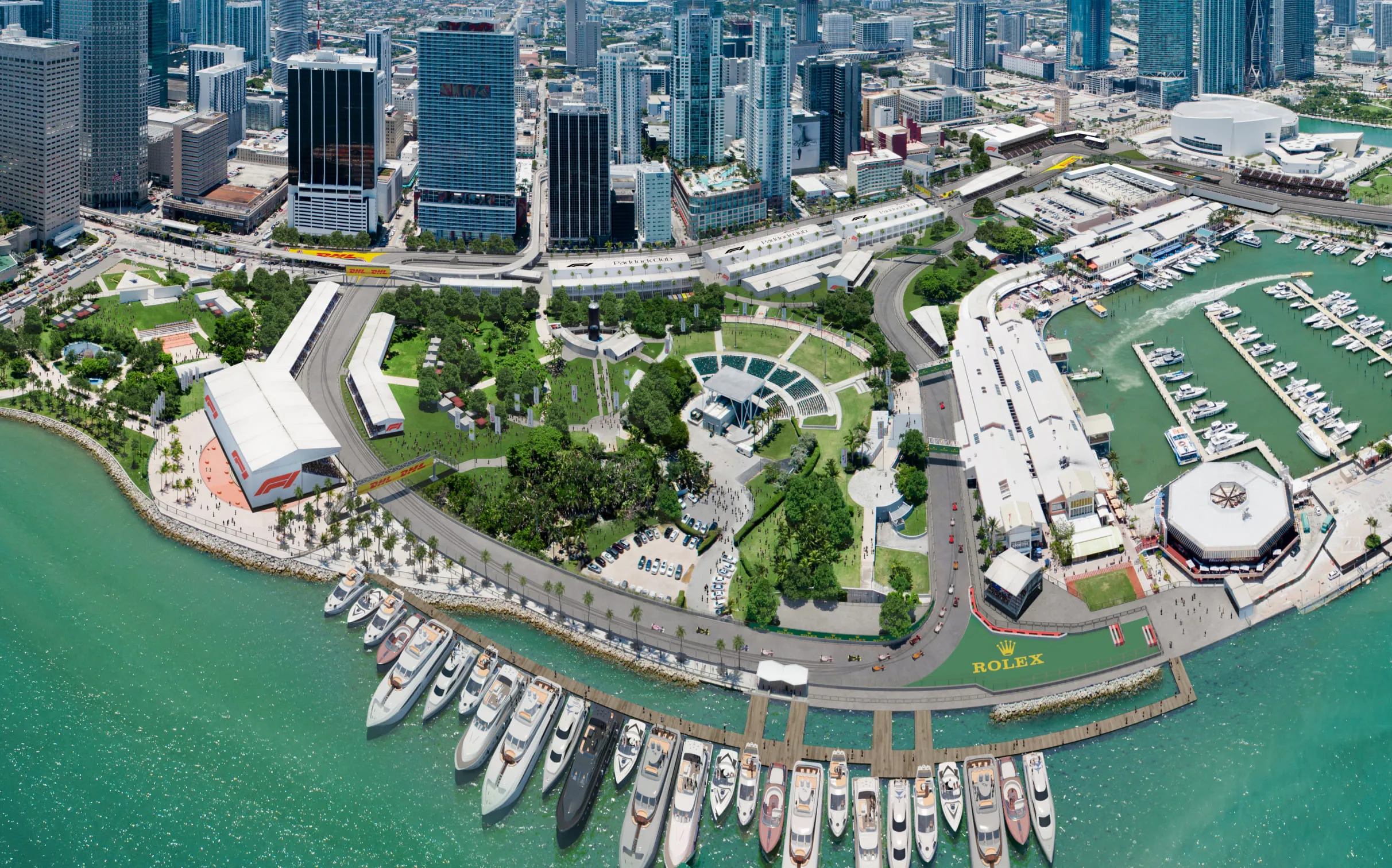 3D aerial view rendering of a vibrant urban marina with yachts docked, surrounded by high-rise buildings and green spaces.