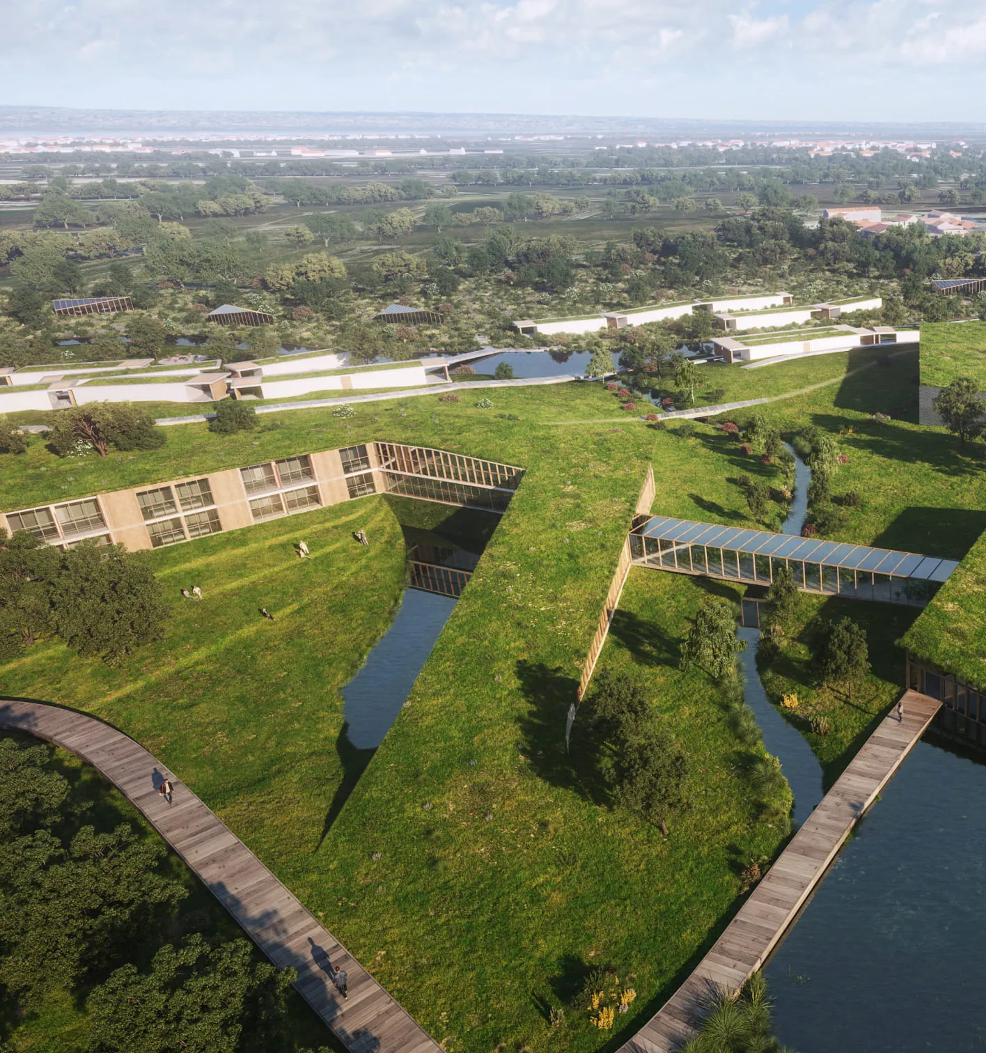 3D aerial view rendering of a sprawling eco-friendly complex with green roofs and bridges over winding water features, set in a lush landscape.