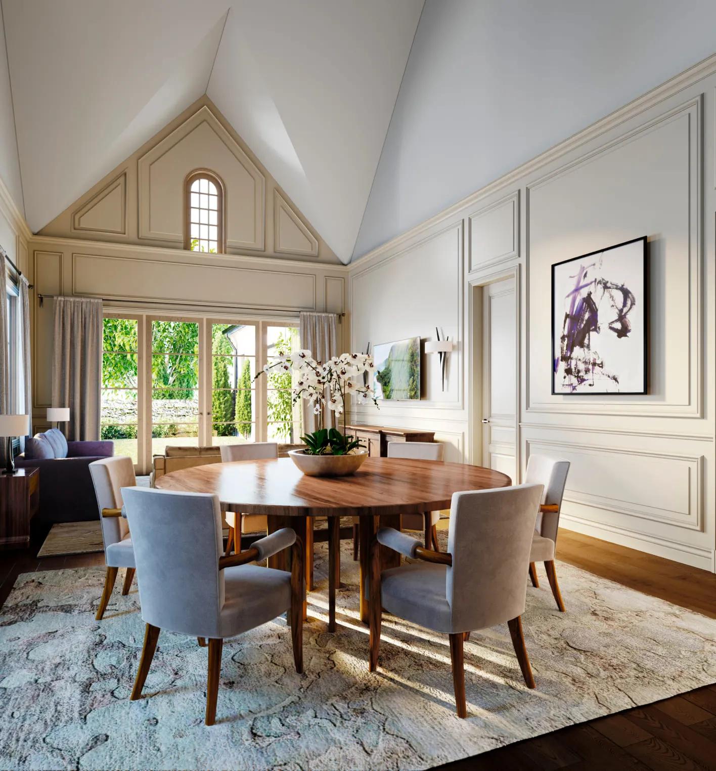 A real estate 3D rendering of a formal dining area with vaulted ceilings, a wooden dining table, and elegant light fixtures, opening into a garden view.
