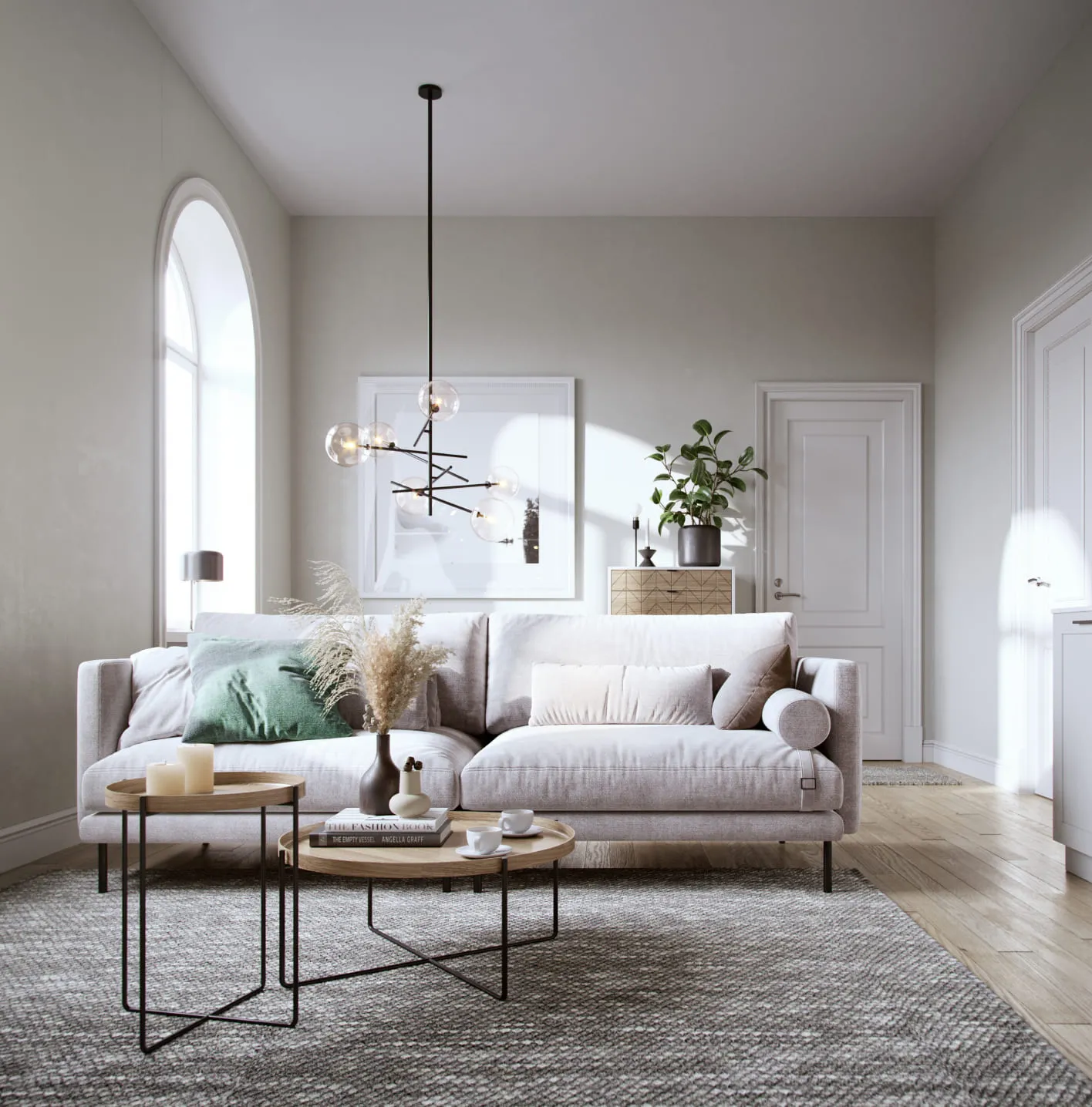 A real estate 3D rendering of a bright and inviting living room with a soft gray sofa, minimalist coffee tables, and large windows that let in natural light.