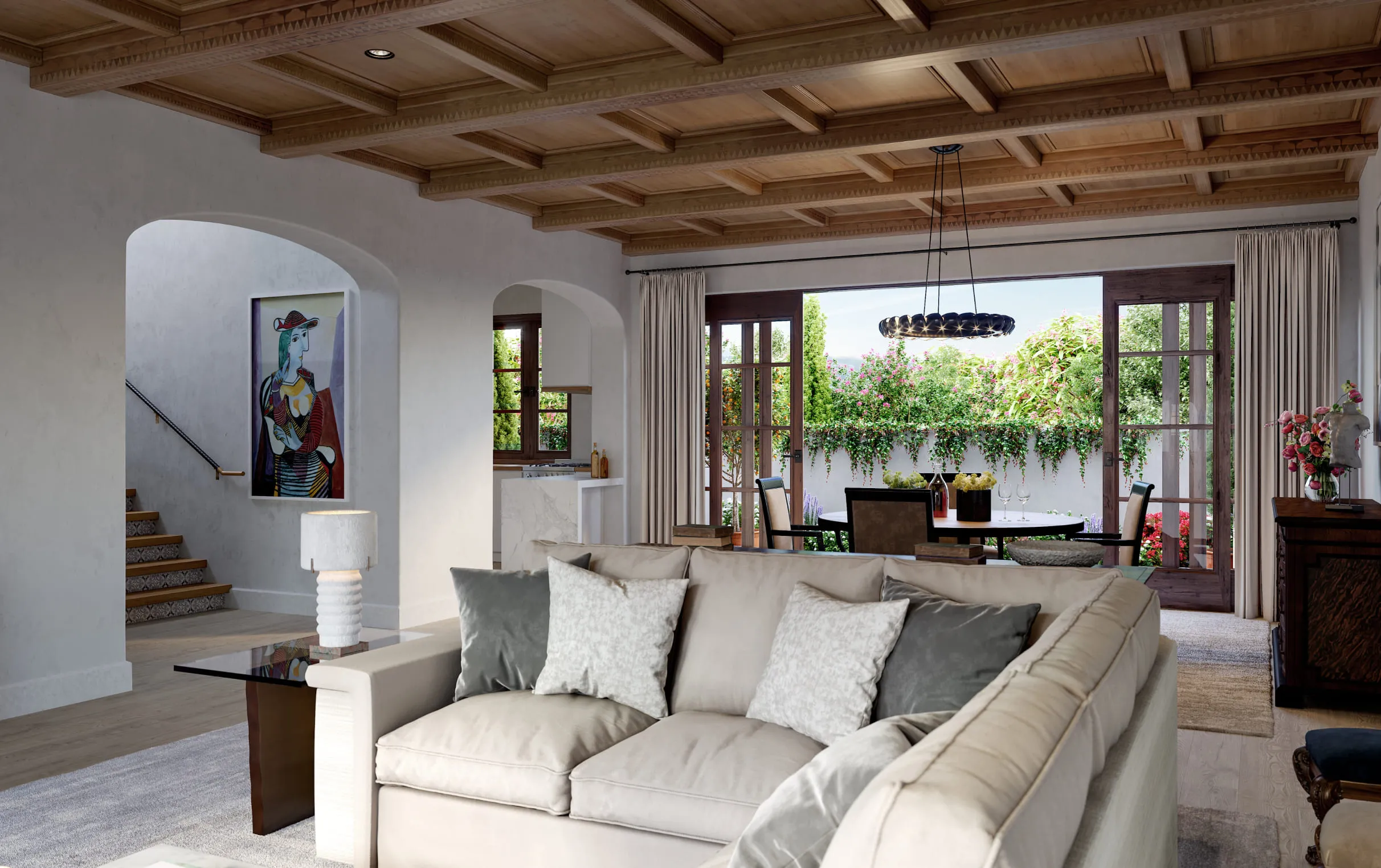 A real estate 3D rendering of a Mediterranean-style living room with arched doorways, wooden coffered ceilings, and a cozy seating area opening into a vibrant garden.