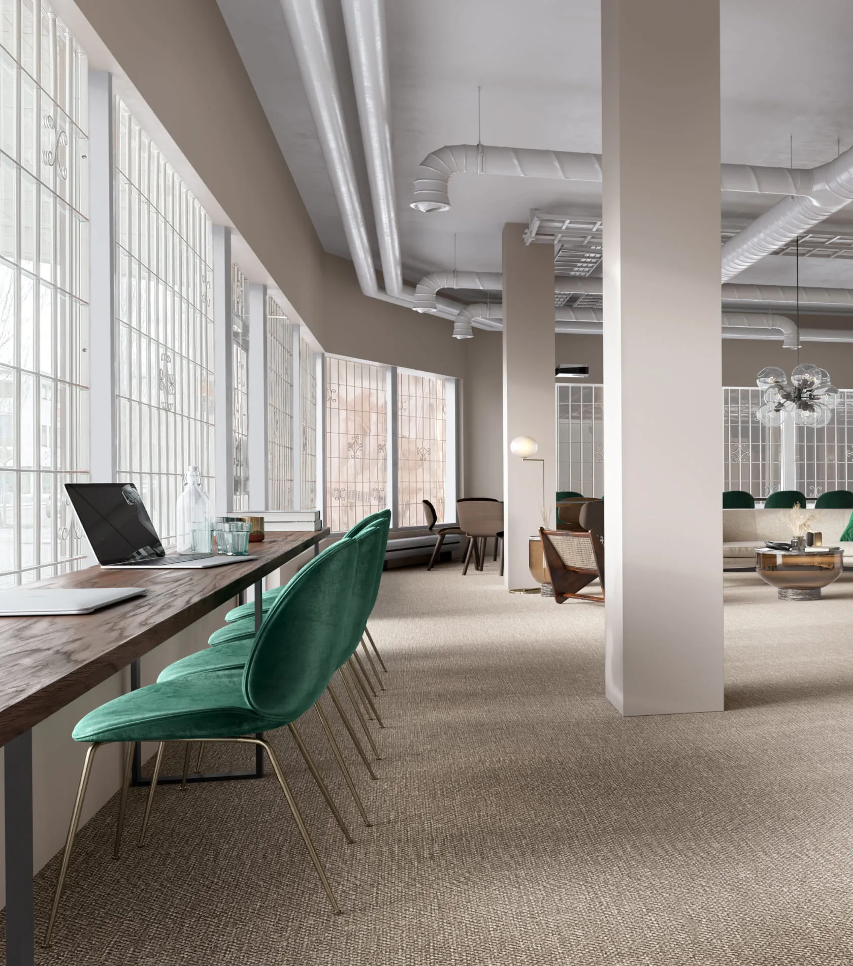 A real estate 3D rendering of a contemporary co-working space with floor-to-ceiling windows, green velvet chairs, and a spacious, light-filled interior.