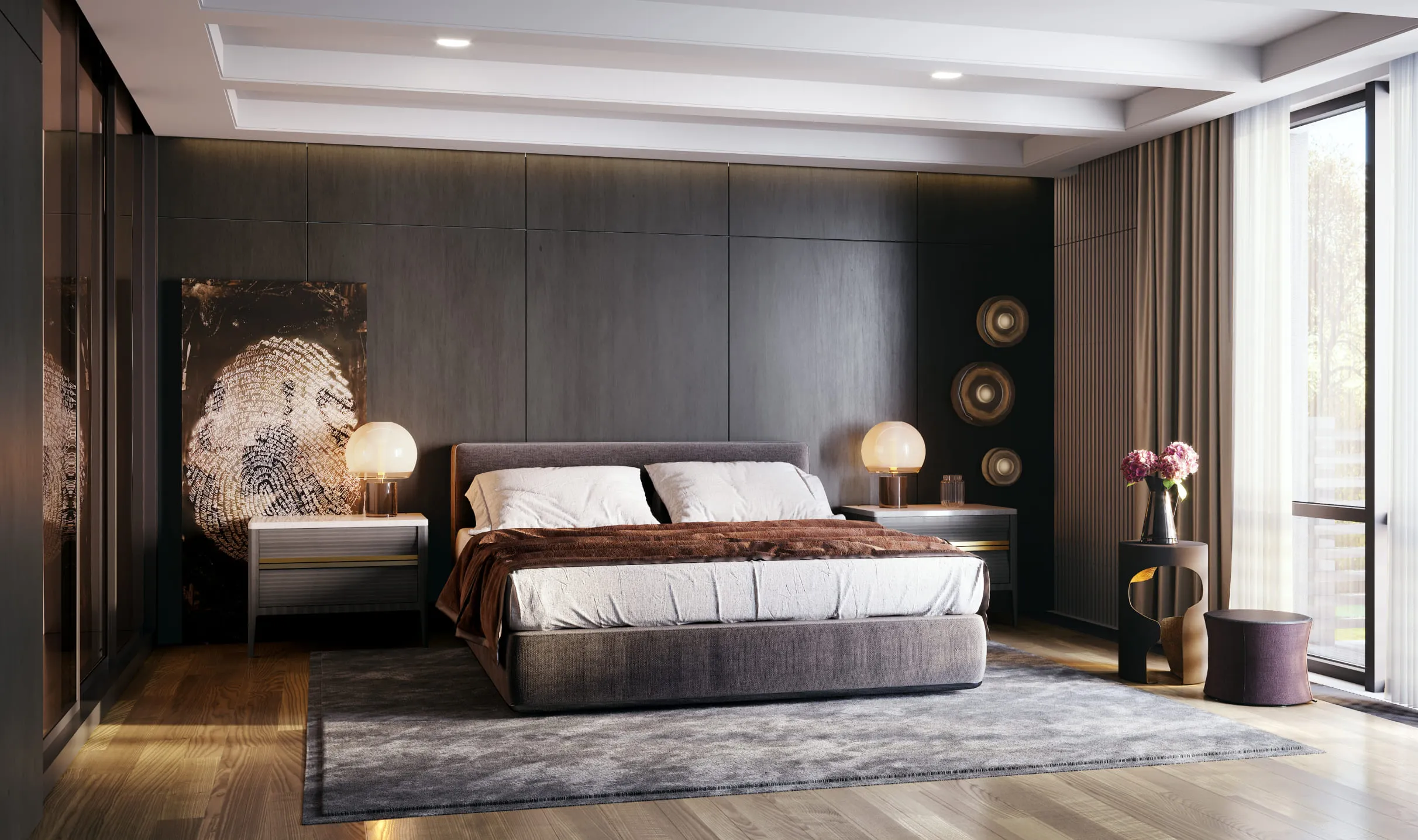 A real estate 3D rendering of a luxurious bedroom with dark wood paneling, a soft gray rug, and a cozy bed surrounded by modern bedside tables and decor.