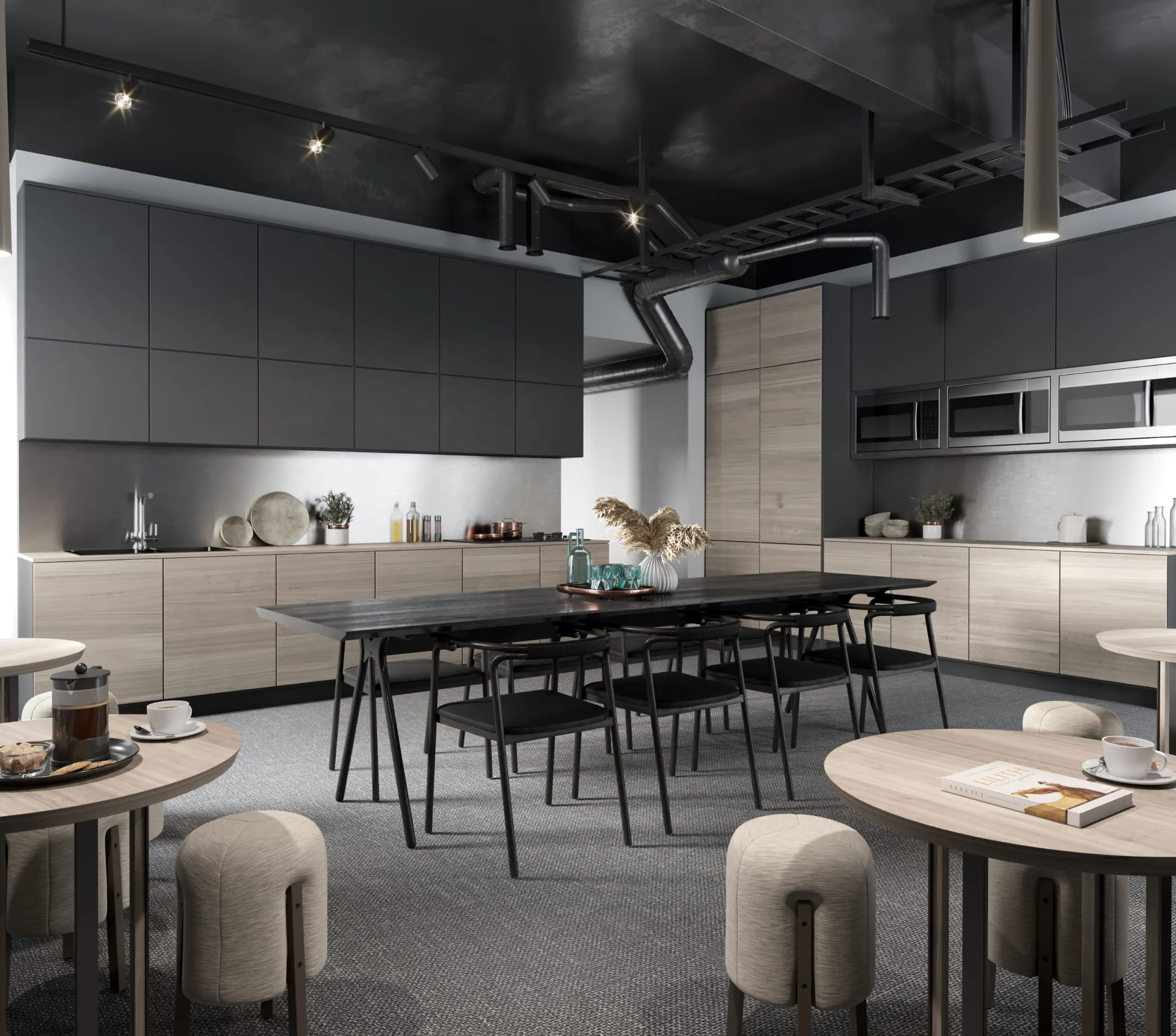 A real estate 3D rendering of a modern industrial-style kitchen with sleek black cabinetry, wooden panels, and stylish furniture, complemented by an open ceiling with exposed ductwork.
