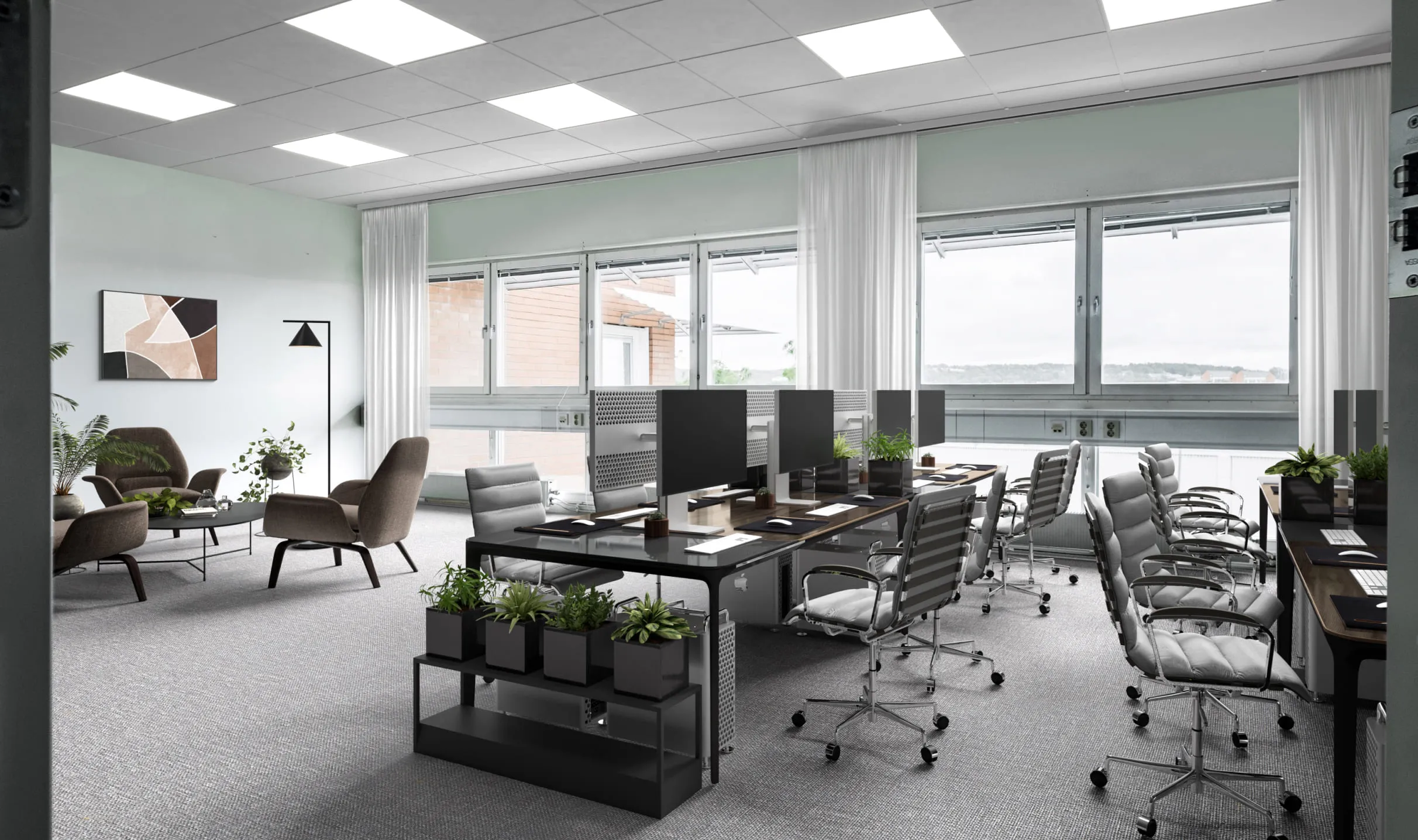 Bright office space digitally staging for real estate, showcasing an open-plan work area with ergonomic chairs, shared desks, and a cozy lounge corner featuring modern armchairs and greenery for a welcoming atmosphere.