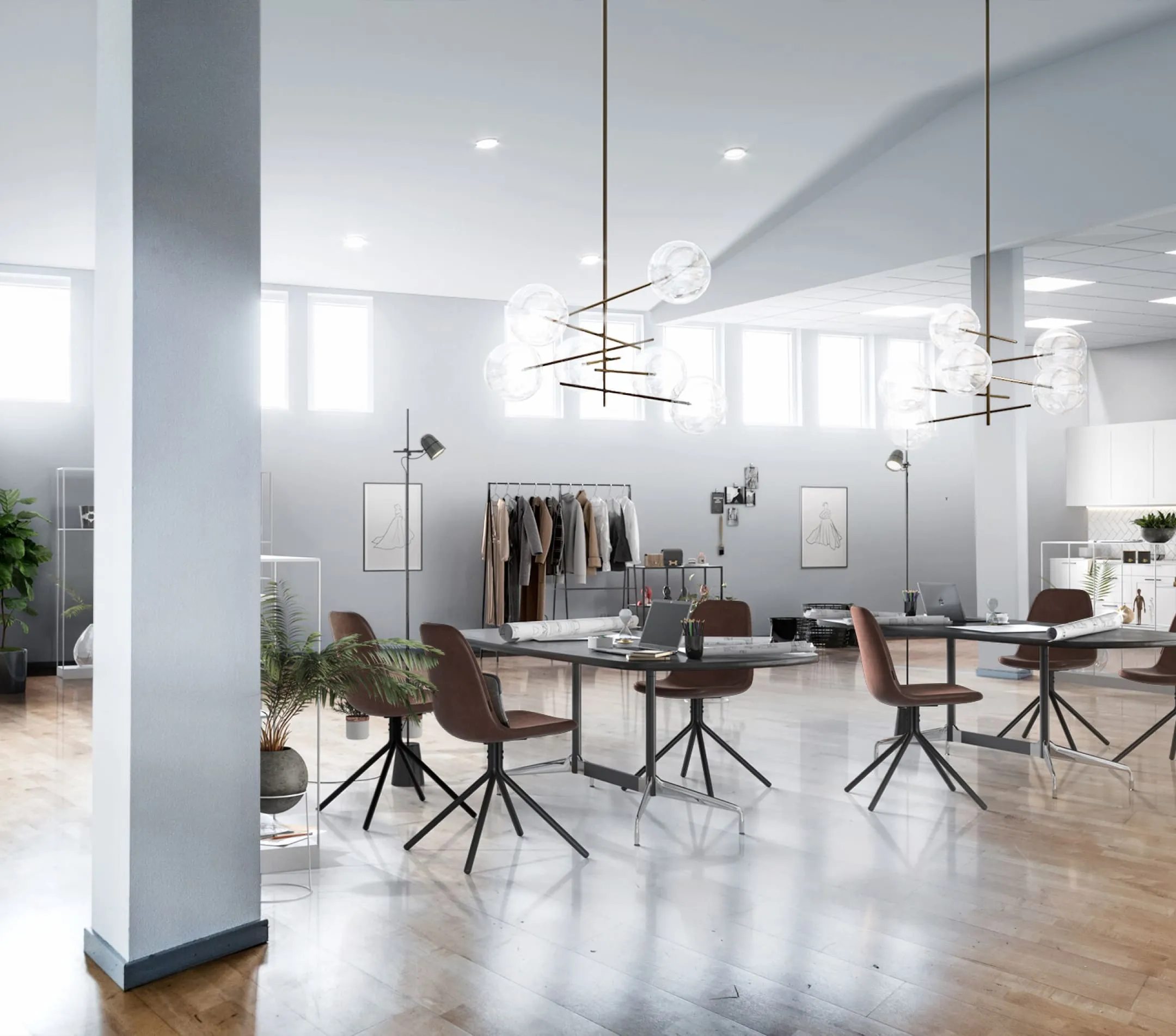 A bright and modern open-concept workspace designed by virtual stagers, featuring stylish furniture, sleek lighting fixtures, and a neatly arranged layout with clothing racks and decor accents, creating a professional and inviting atmosphere.