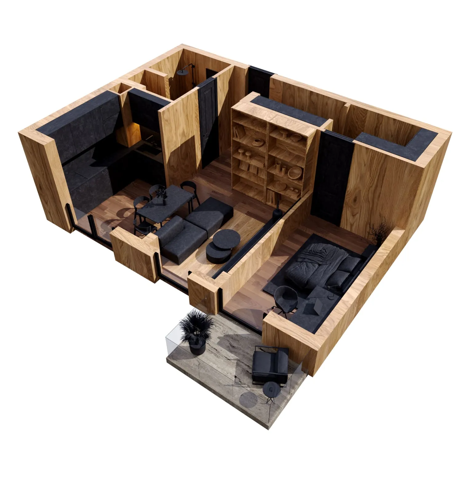 3D floor plan rendering of a home theater with arranged seating and a large screen.