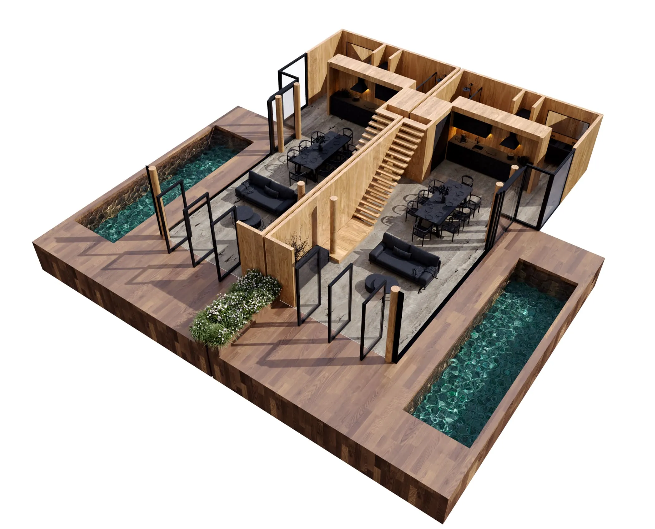3D floor plan rendering of a residential interior with multiple rooms and detailed wood finishes.