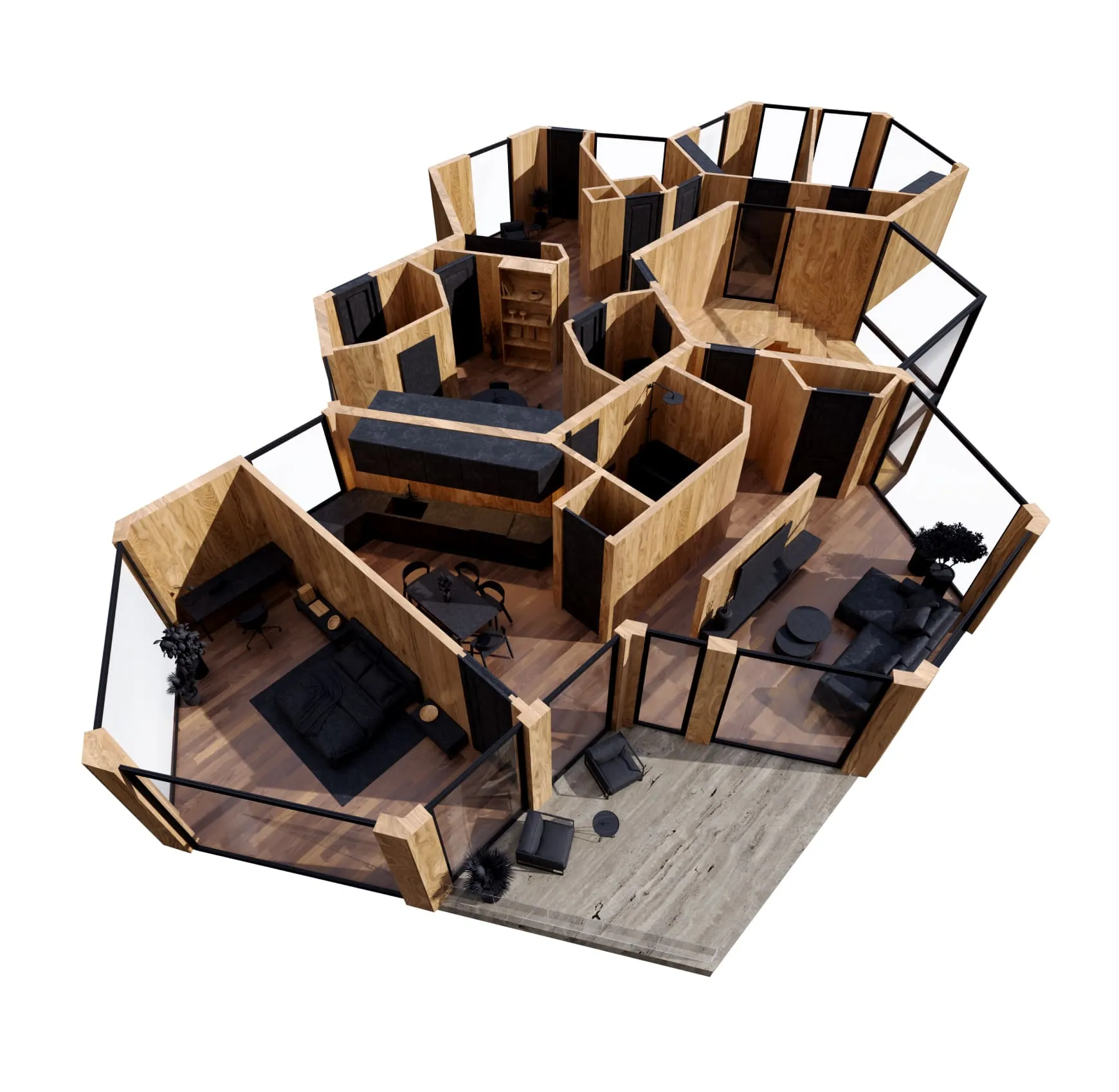 3D floor plan rendering showing a restaurant layout with tables, chairs, and outdoor seating.