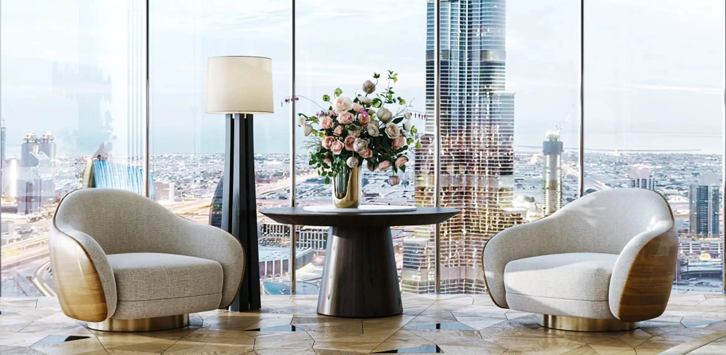 A close-up of the luxurious living room, focusing on a cozy armchair and a vase of flowers on a wooden coffee table. This highlights how 3d furniture rendering services can create intimate and detailed renderings of interior decor elements.