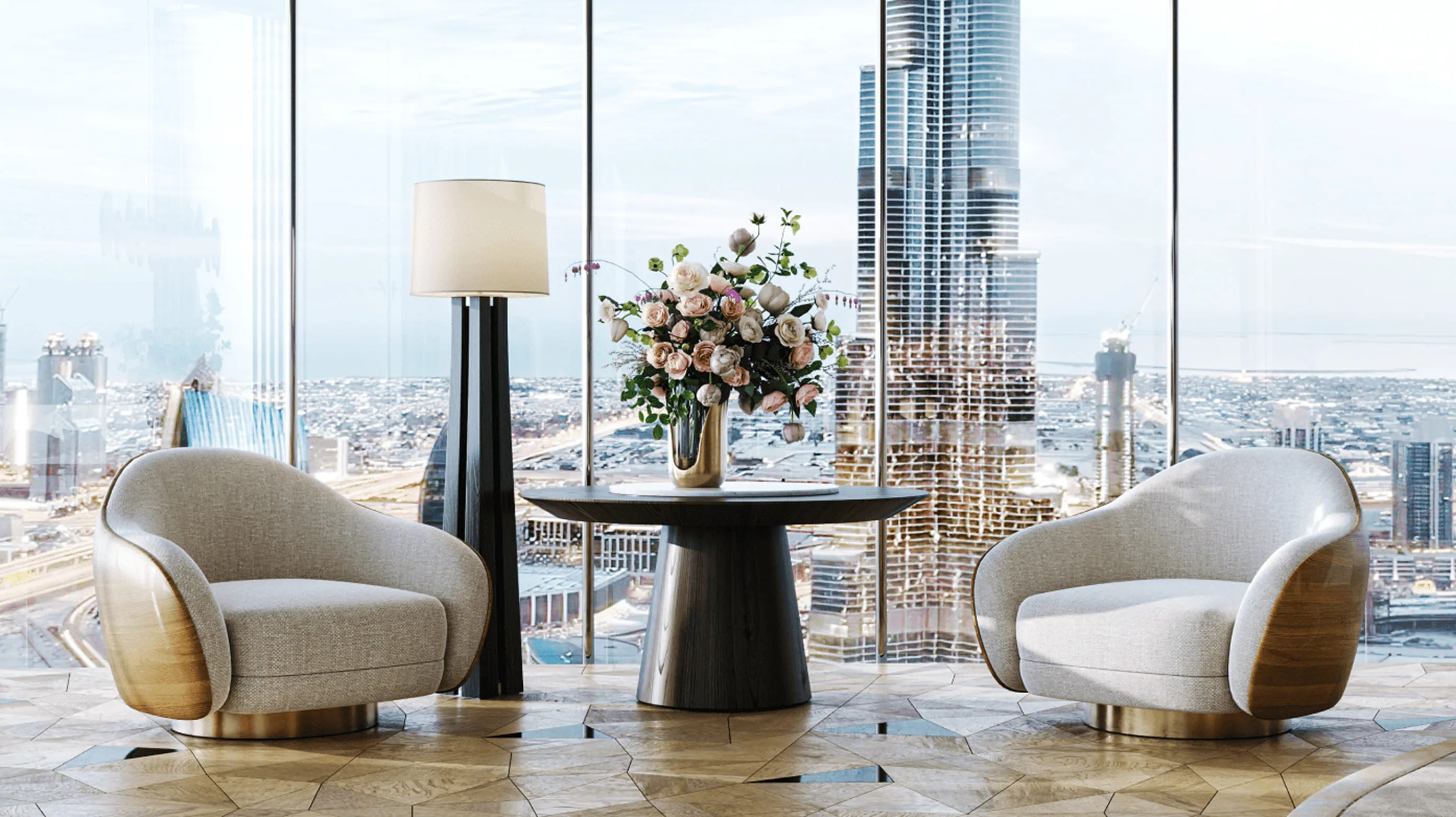 A close-up of the luxurious living room, focusing on a cozy armchair and a vase of flowers on a wooden coffee table. This highlights how 3d furniture rendering services can create intimate and detailed renderings of interior decor elements.