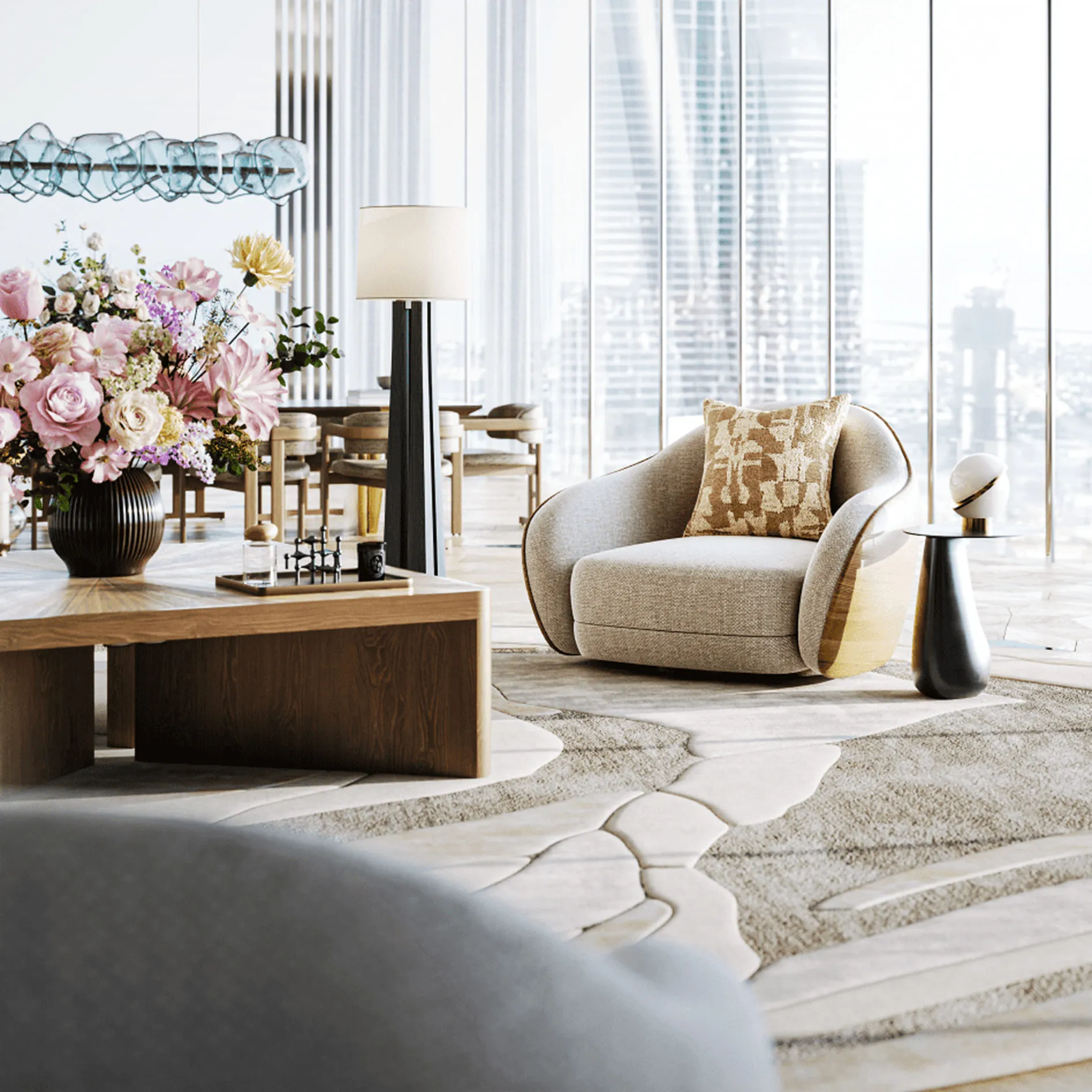 A close-up of the luxurious living room, focusing on a cozy armchair and a vase of flowers on a wooden coffee table. This highlights how 3d furniture rendering services can create intimate and detailed renderings of interior decor elements.