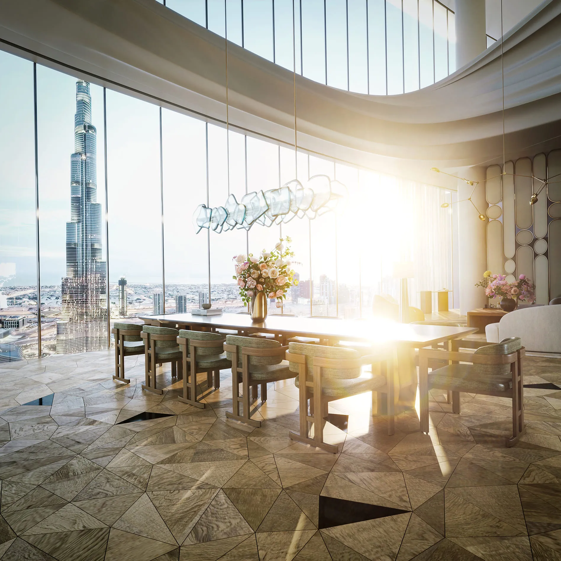 A close-up of the luxurious living room, focusing on a cozy armchair and a vase of flowers on a wooden coffee table. This highlights how 3d furniture rendering services can create intimate and detailed renderings of interior decor elements.