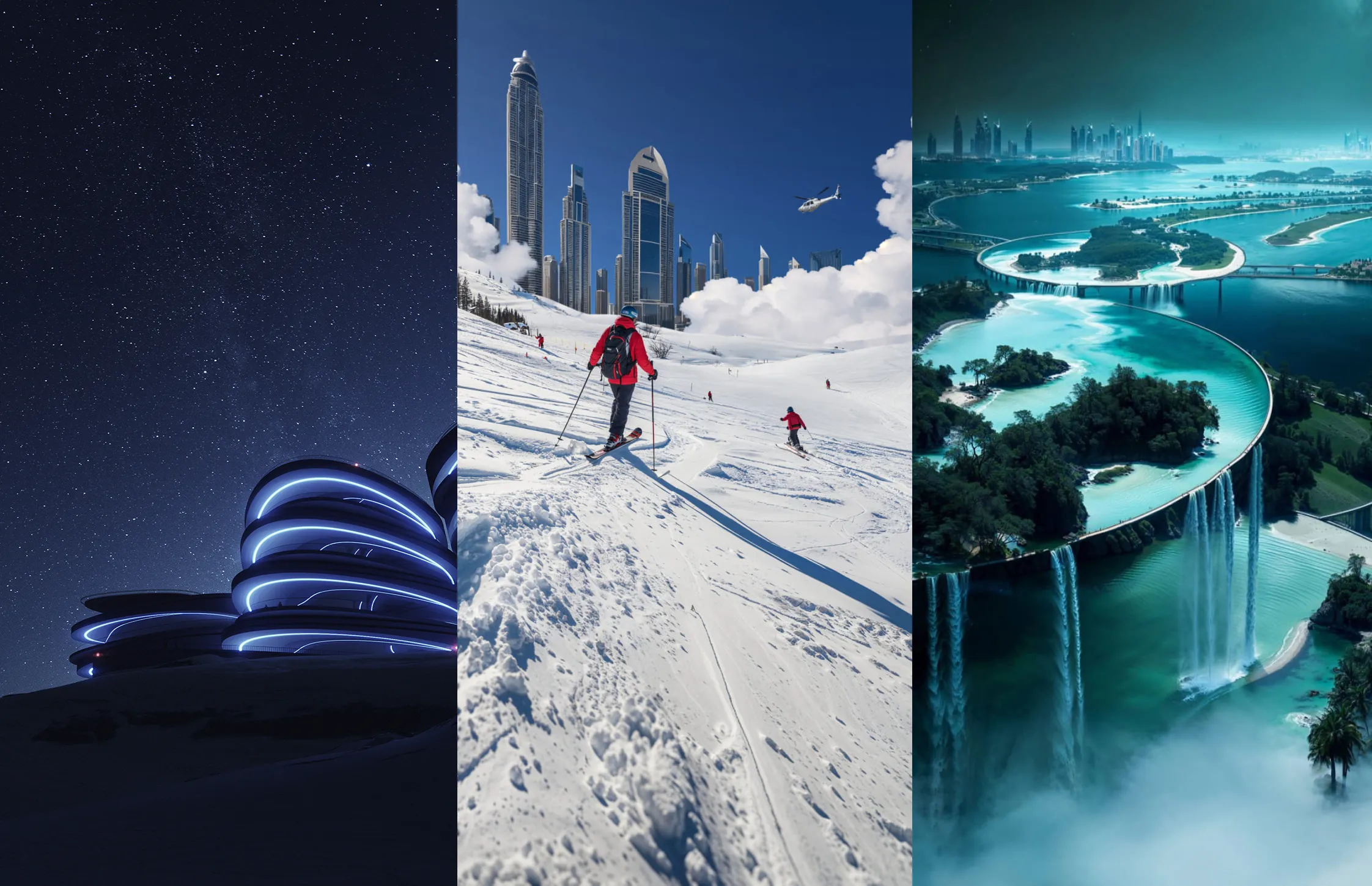 A 3D rendering of a modern building with an infinity pool overlooking a valley and rugged mountains.