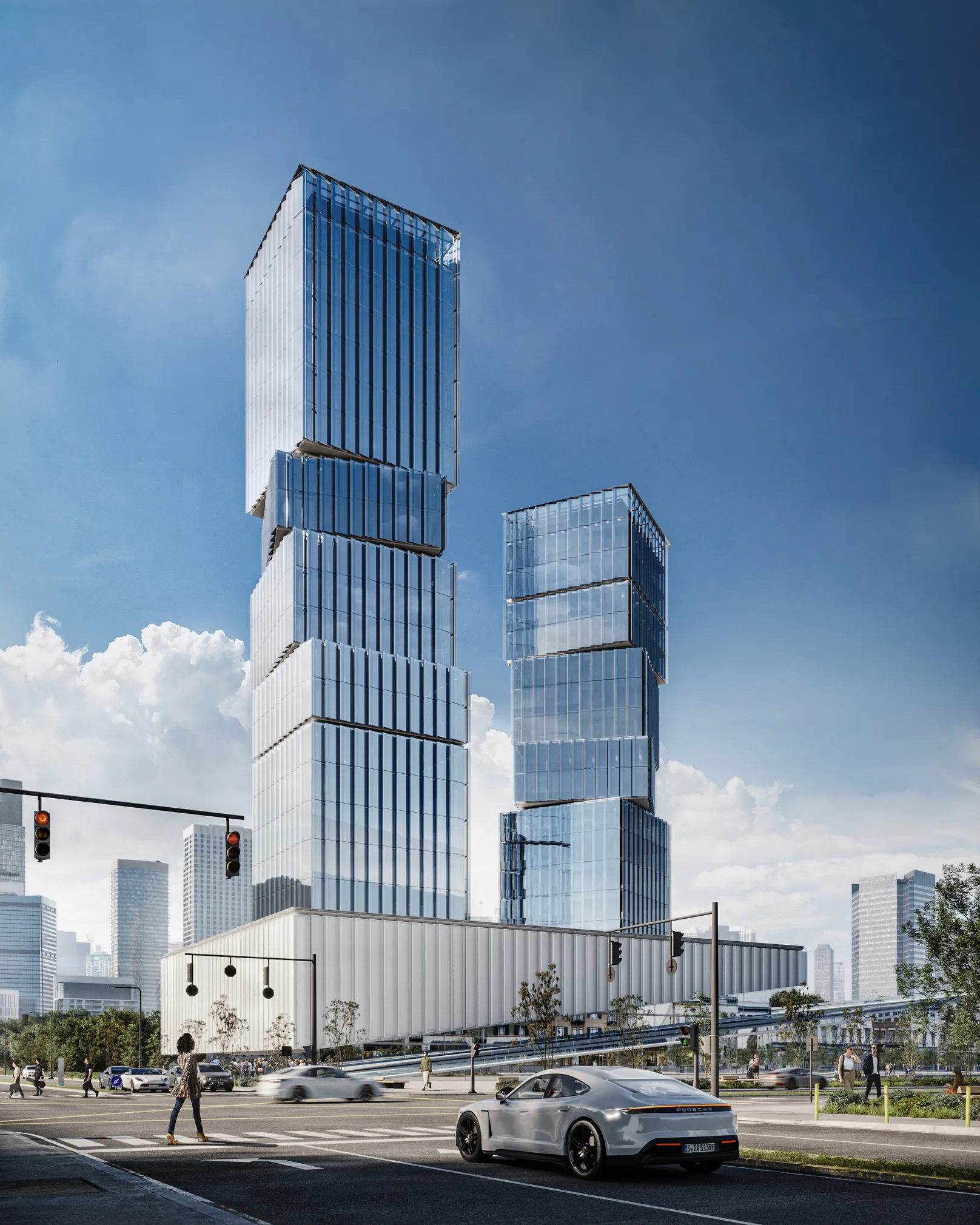 A commercial architectural 3D rendering showcasing the symmetrical front view of a contemporary building with a structured grid design, large open spaces, and vibrant urban landscaping.